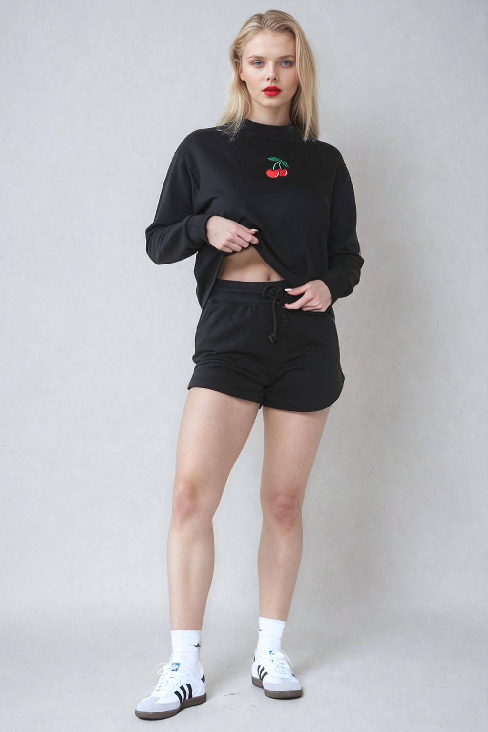 Cherry Embroidered Sweatshirt & Shorts Set (Pack Of 6 Sets)