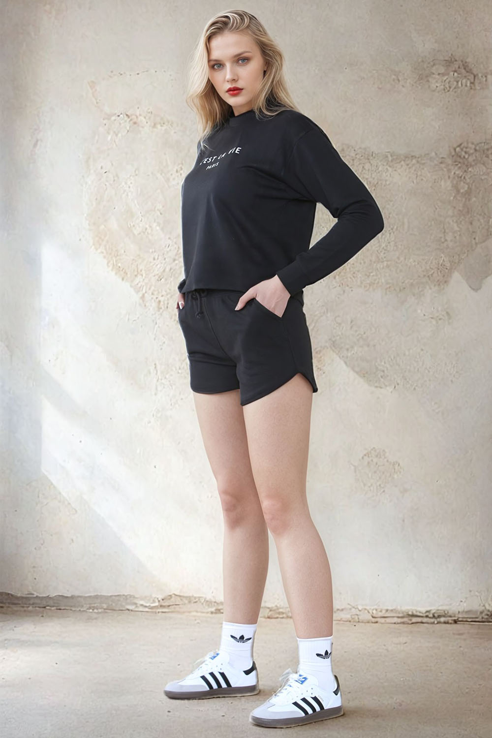 C'est La Vie Embroidered Sweatshirt & Shorts Set (Pack Of 6 Sets)