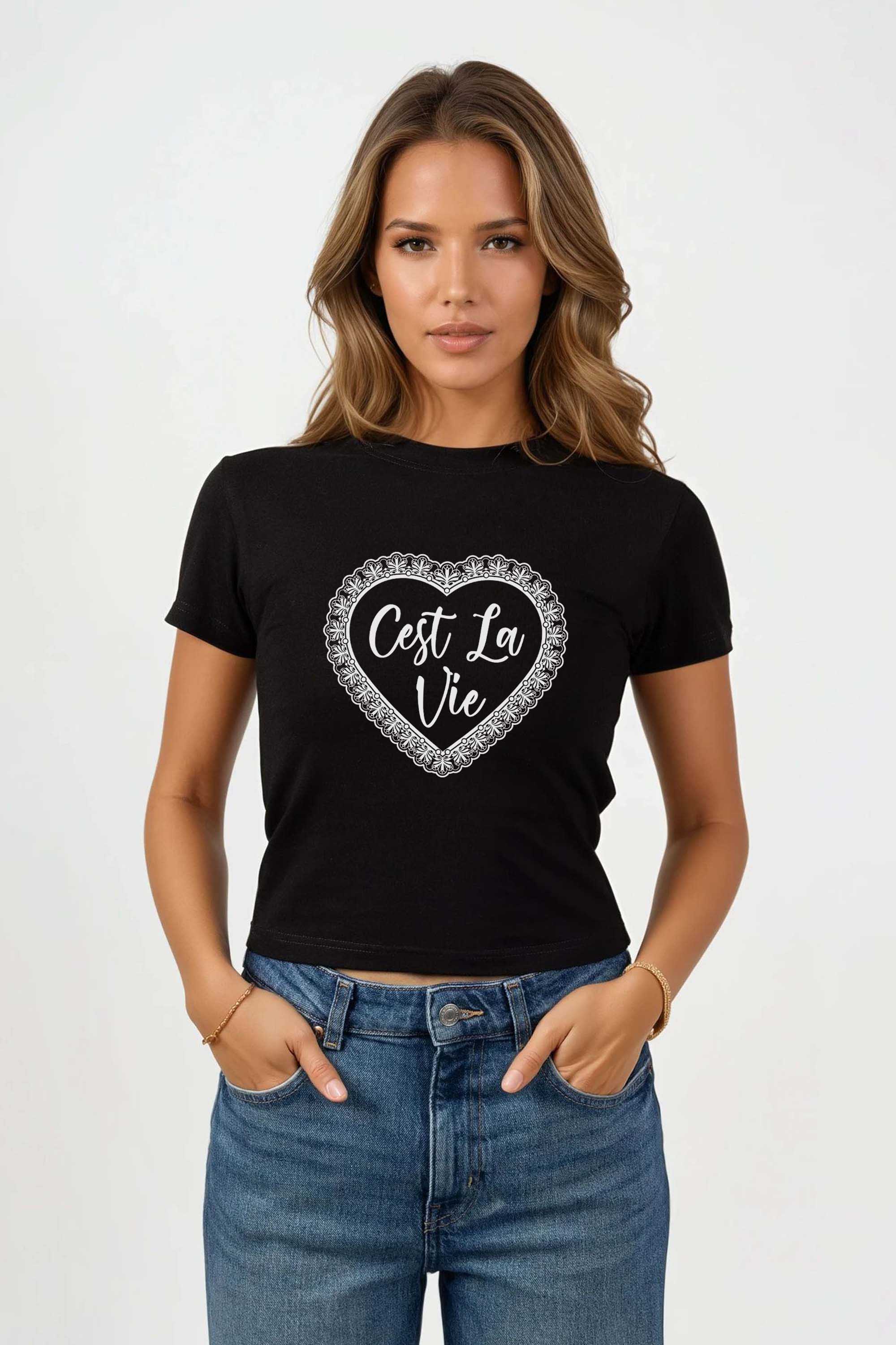 220GSM C’est La Vie Lace Heart Printed Baby Tee