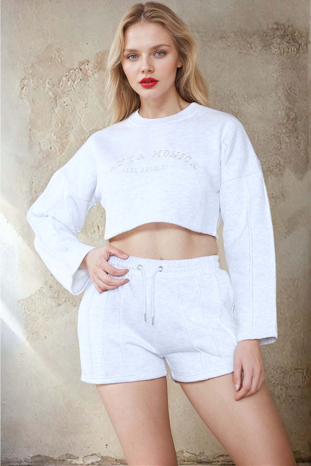 Santa Monica Embroidered LSF Crop Sweatshirt & Shorts Set (Pack of 4 Sets)