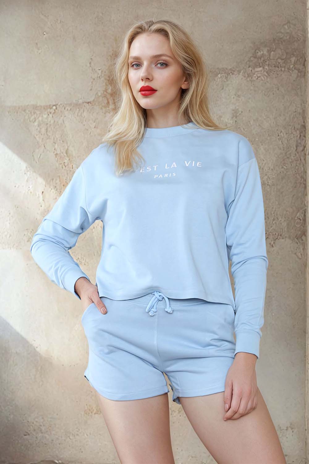 C'est La Vie Embroidered Sweatshirt & Shorts Set (Pack Of 6 Sets)