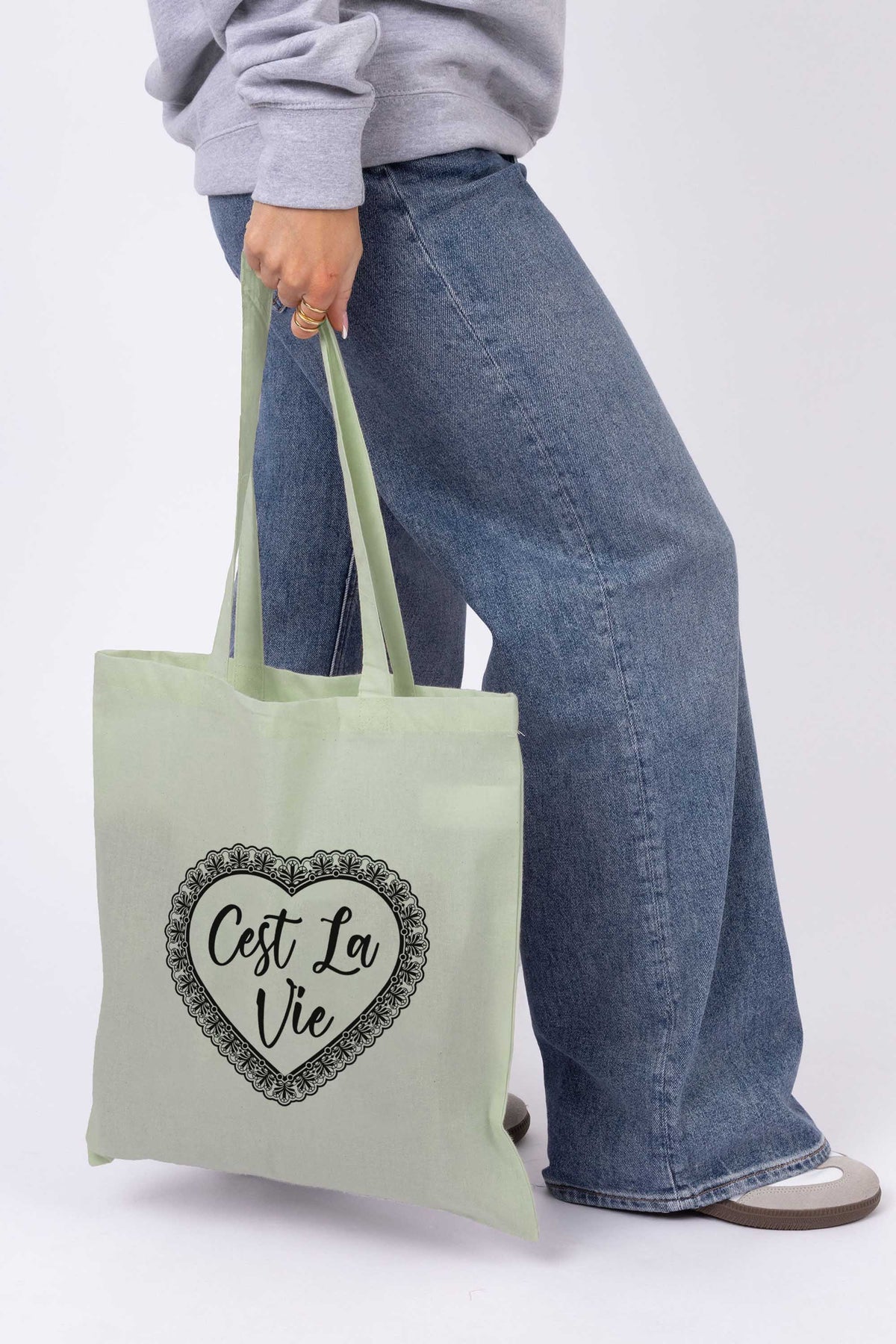 C’est La Vie Lace Heart Printed Cotton Tote Bag