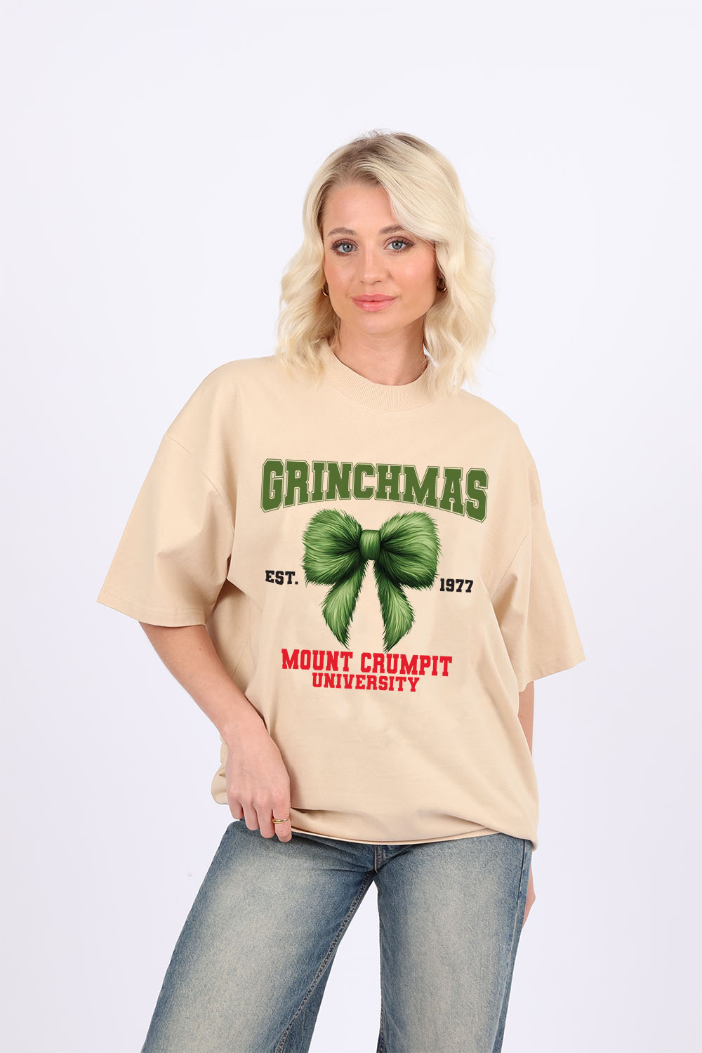 220GSM Oversized T-Shirt In Christmas Grinchmass Bow Print