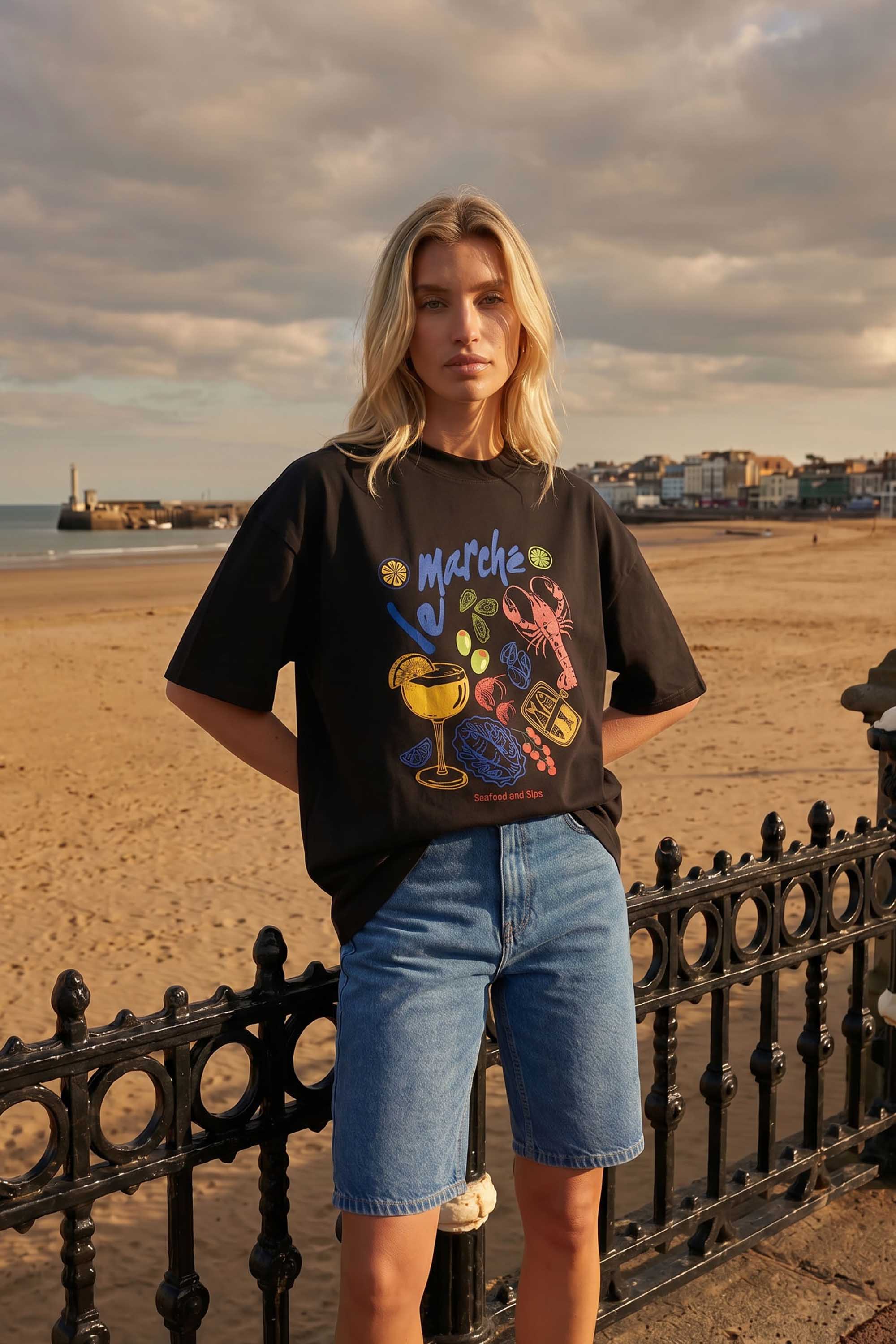 220GSM Oversized T-Shirt in Vintage Seafood & Cocktails Print
