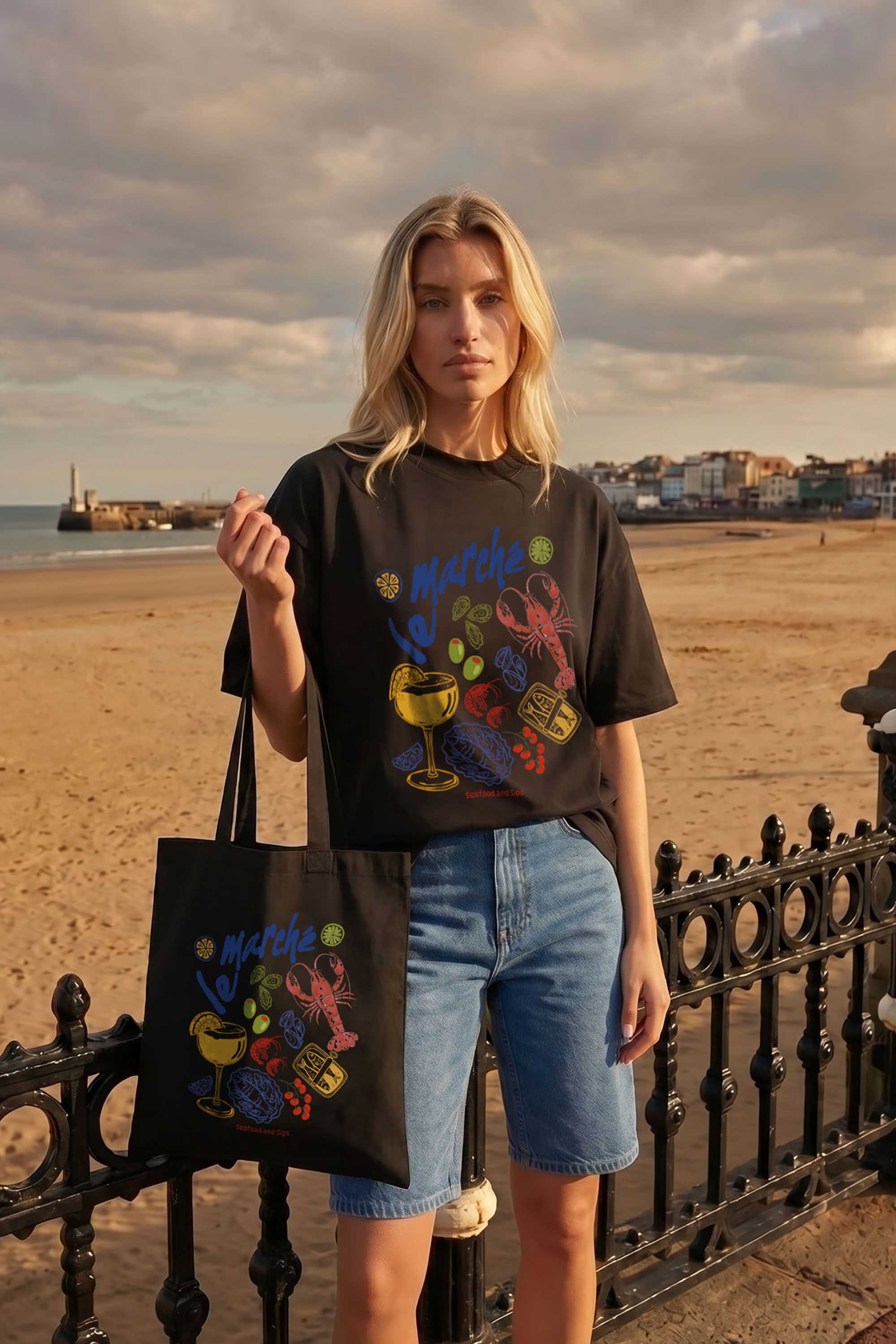 Vintage Seafood & Cocktails Graphic Printed Cotton Tote Bag