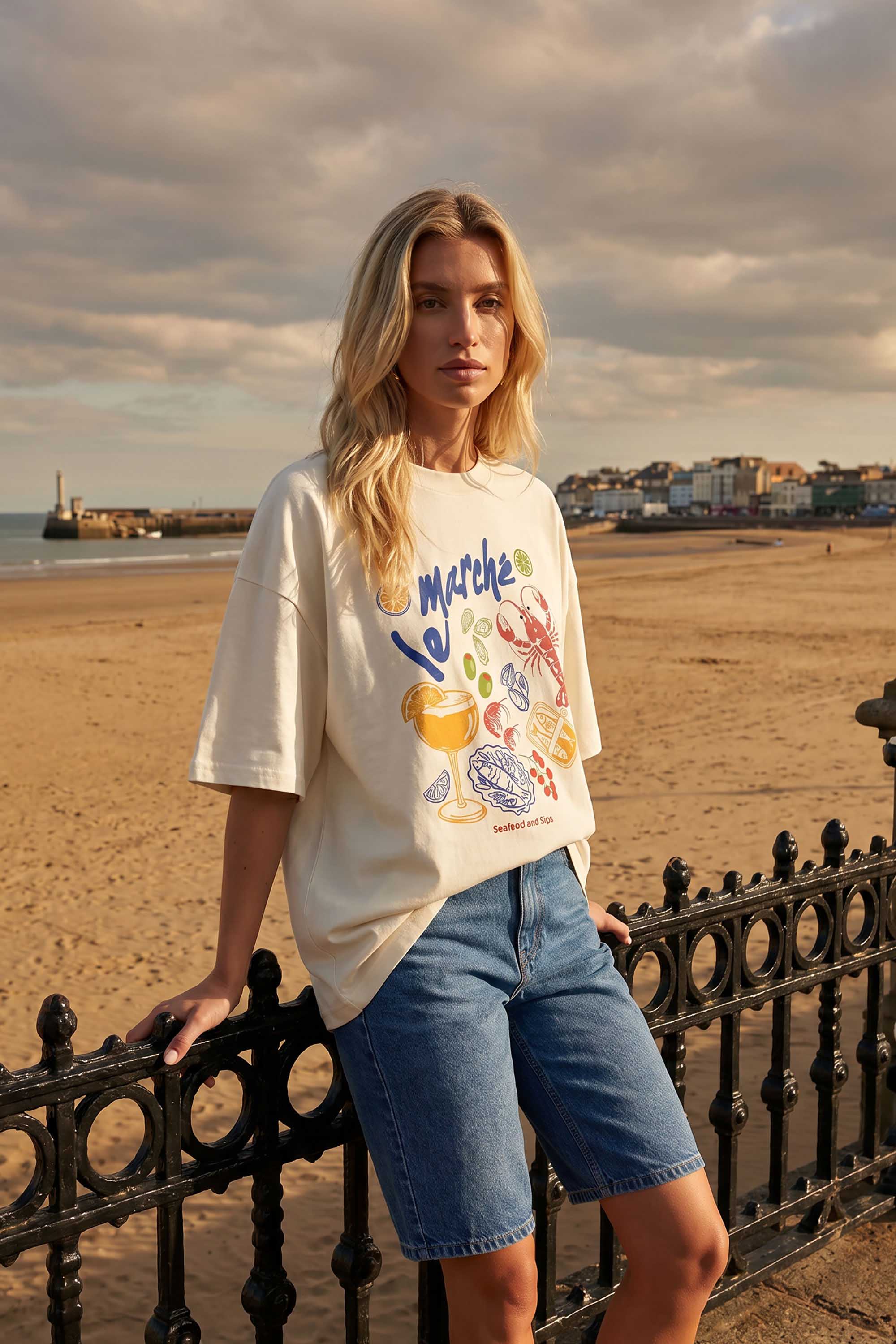 220GSM Oversized T-Shirt in Vintage Seafood & Cocktails Print