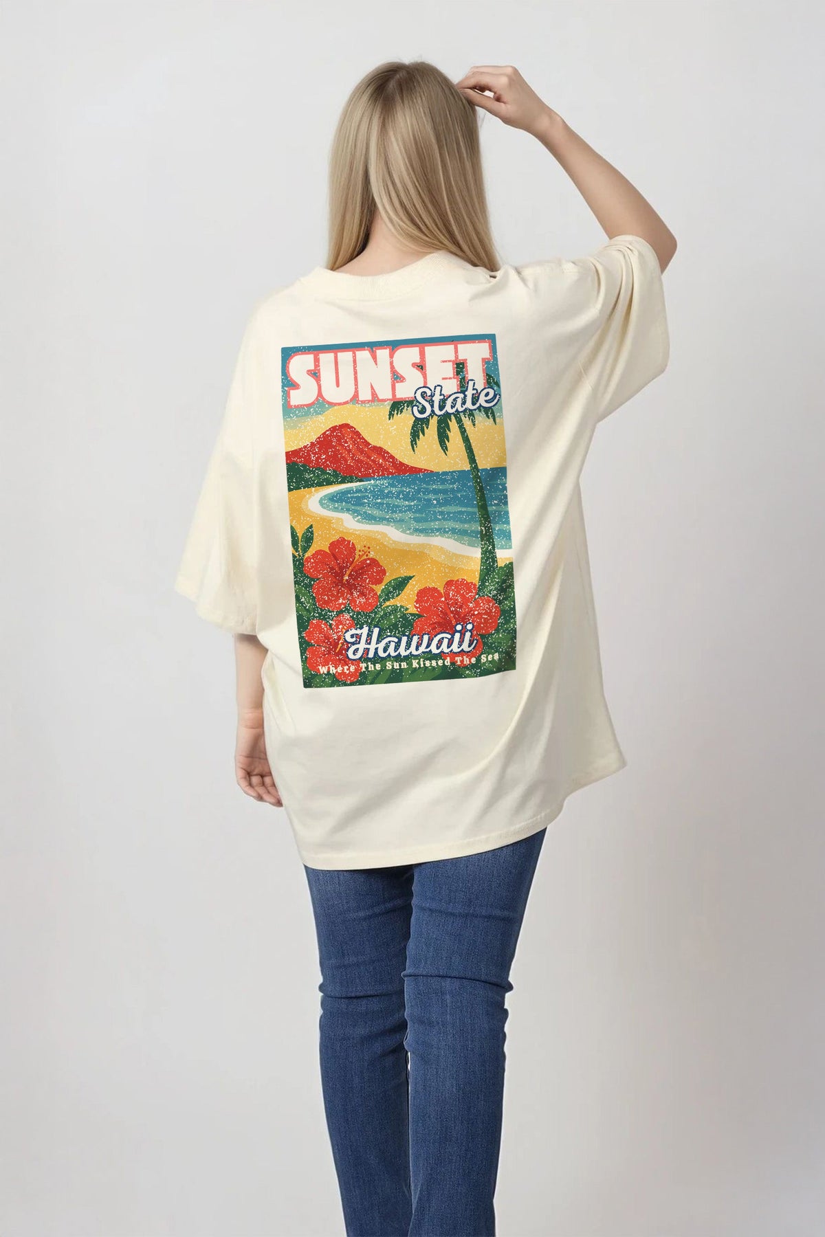 220GSM Oversized T-Shirt In Sunset State Hawaii Beach Print
