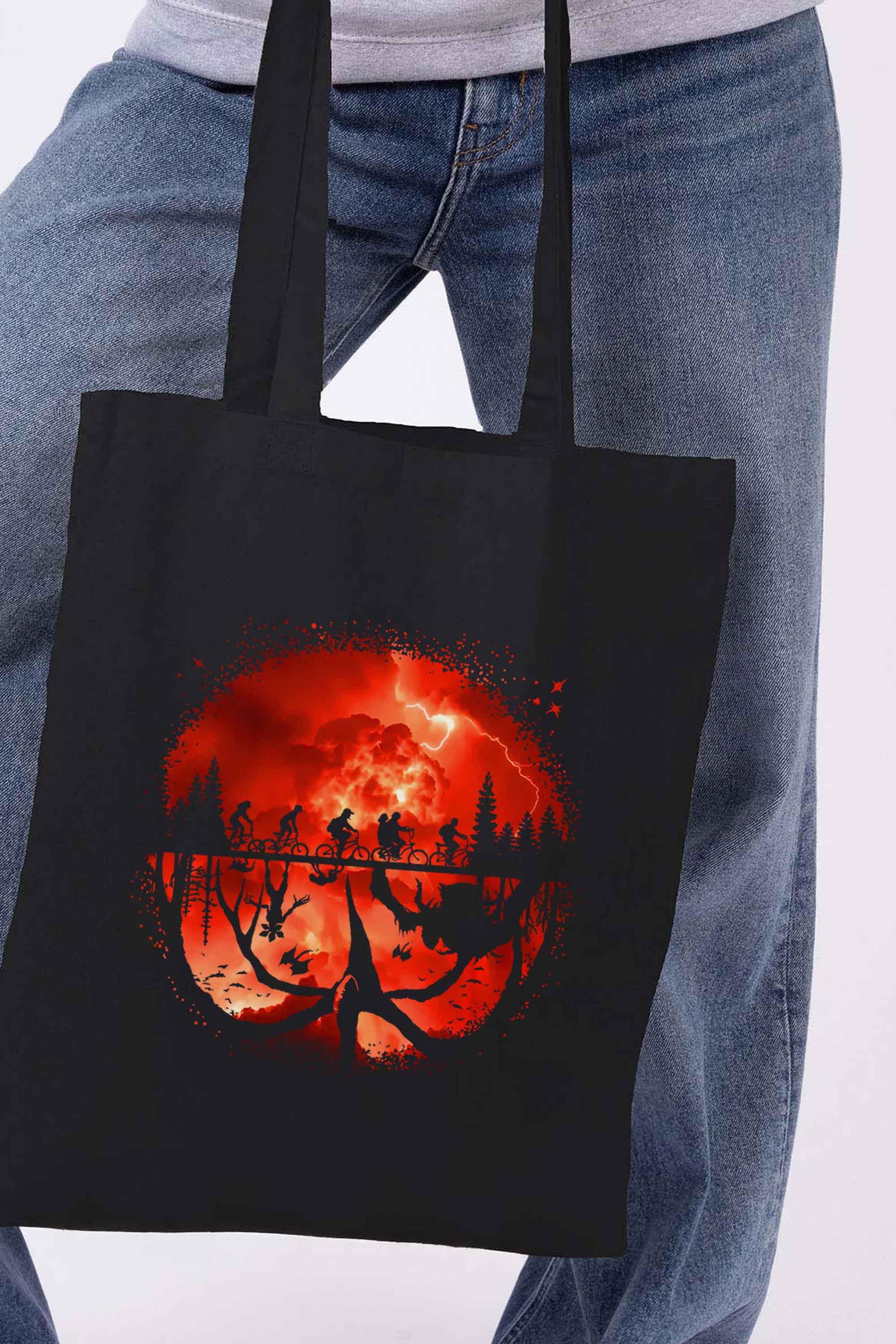 Upside Down Bike Scene Printed Cotton Tote Bag