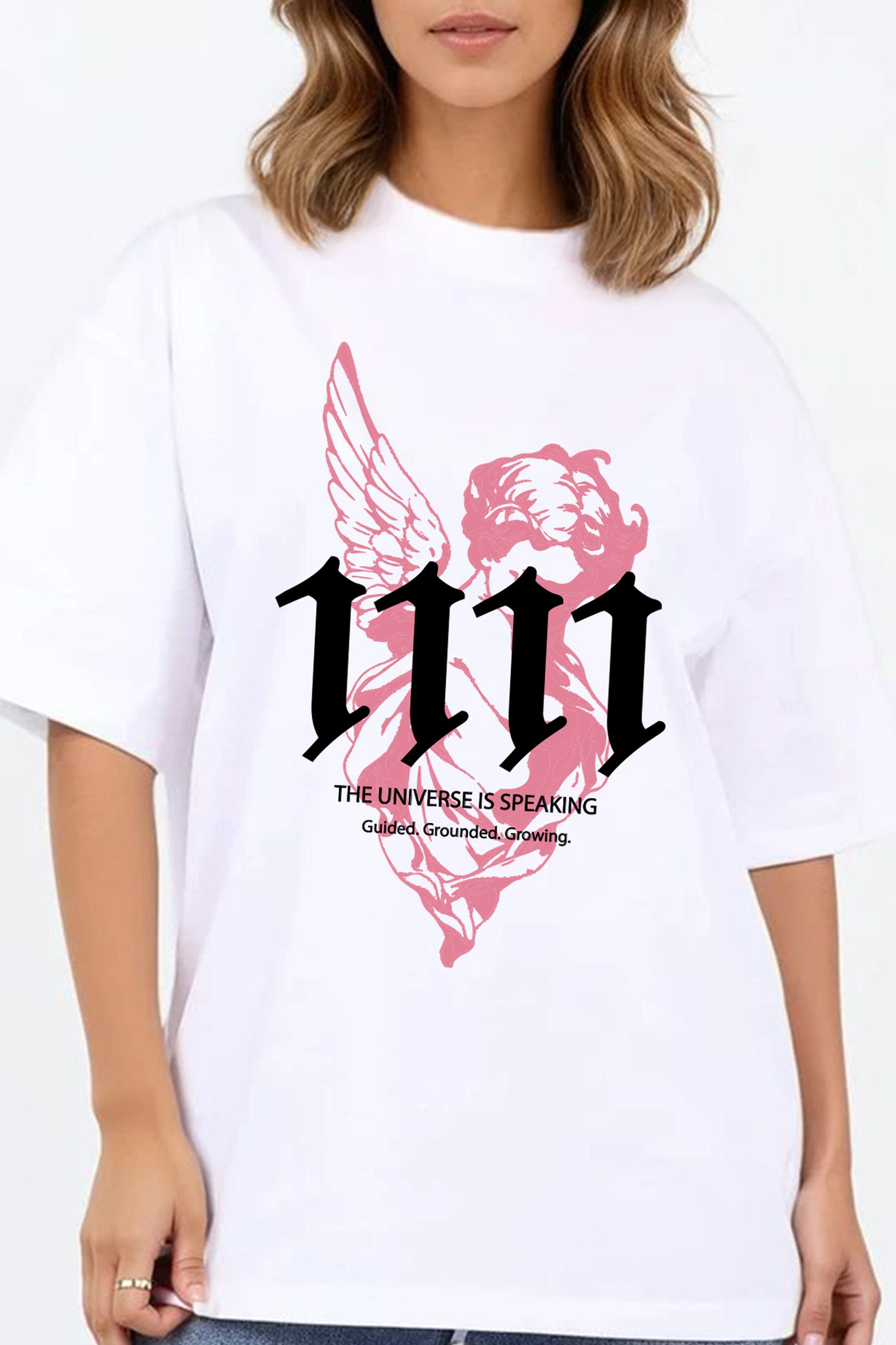 Oversized White T-shirt with pink guided angel art | Missi wholesale AW25/26 collection