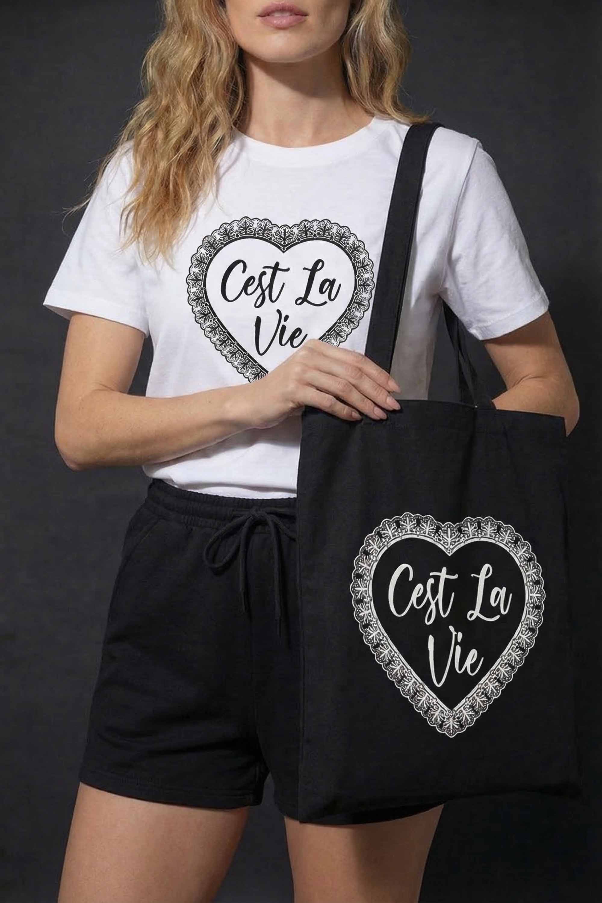 C’est La Vie Lace Heart Printed Cotton Tote Bag