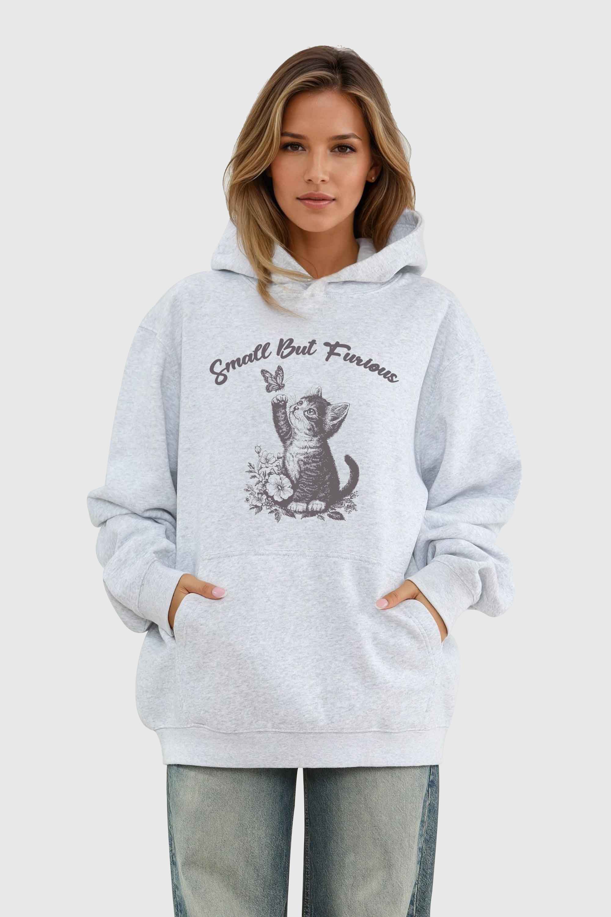 Unisex 280GSM Blended Small But Furious Cat Printed Hoodie