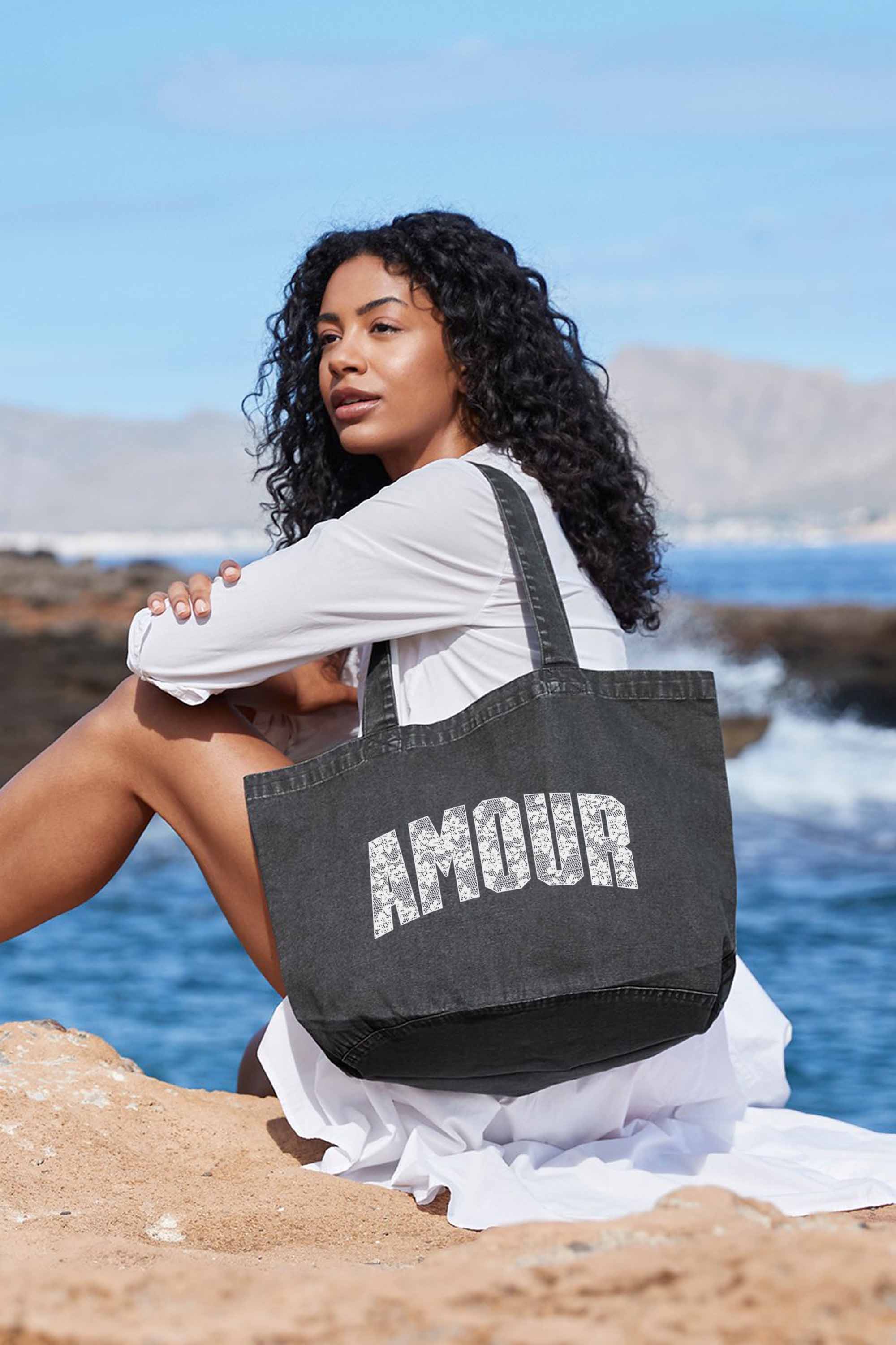 340gsm Acid Washed Oversized Amour Lace Printed Cotton Tote Bag