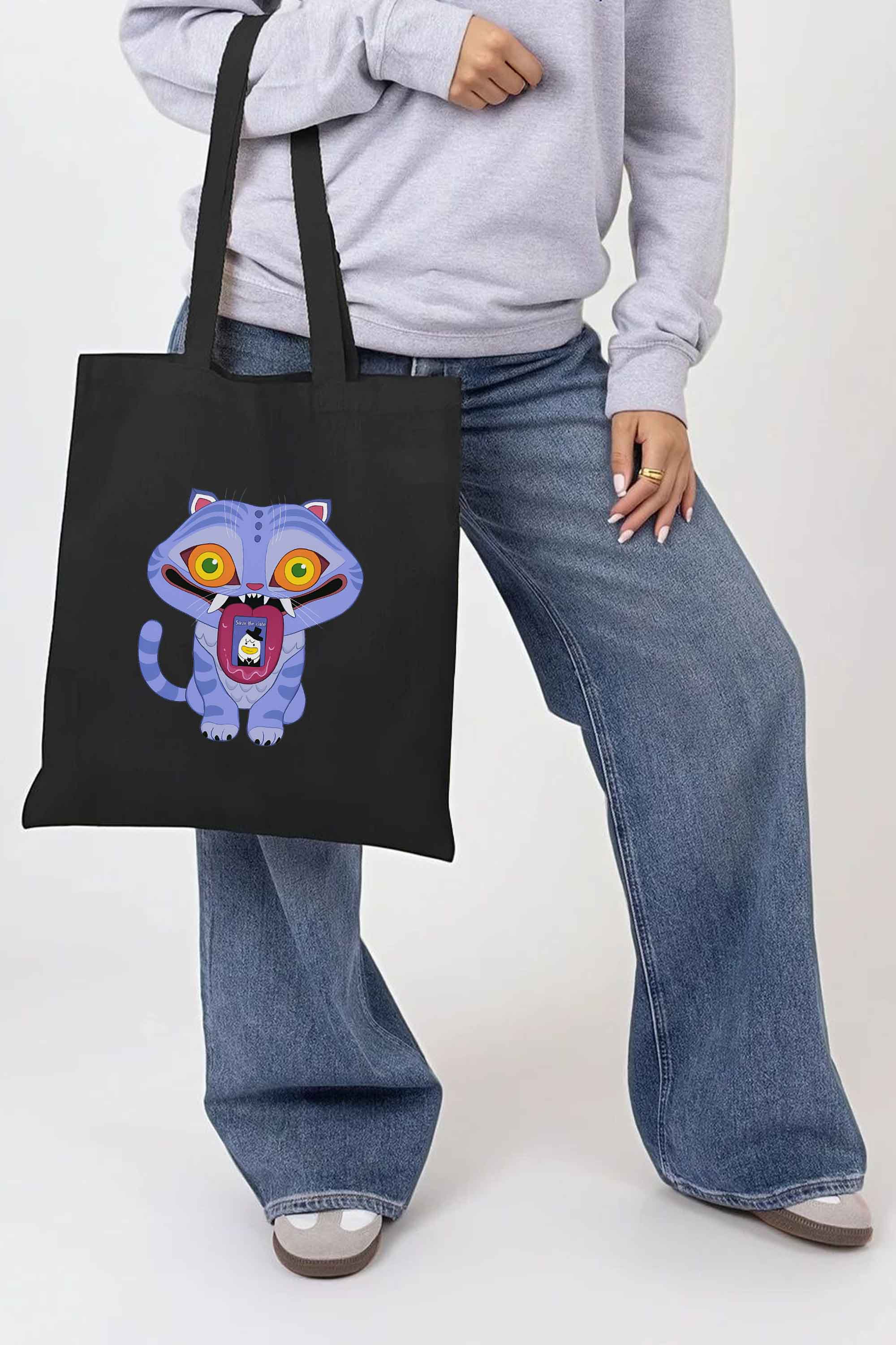 K-Pop Derpy Demon Cat Graphic Printed Cotton Tote Bag