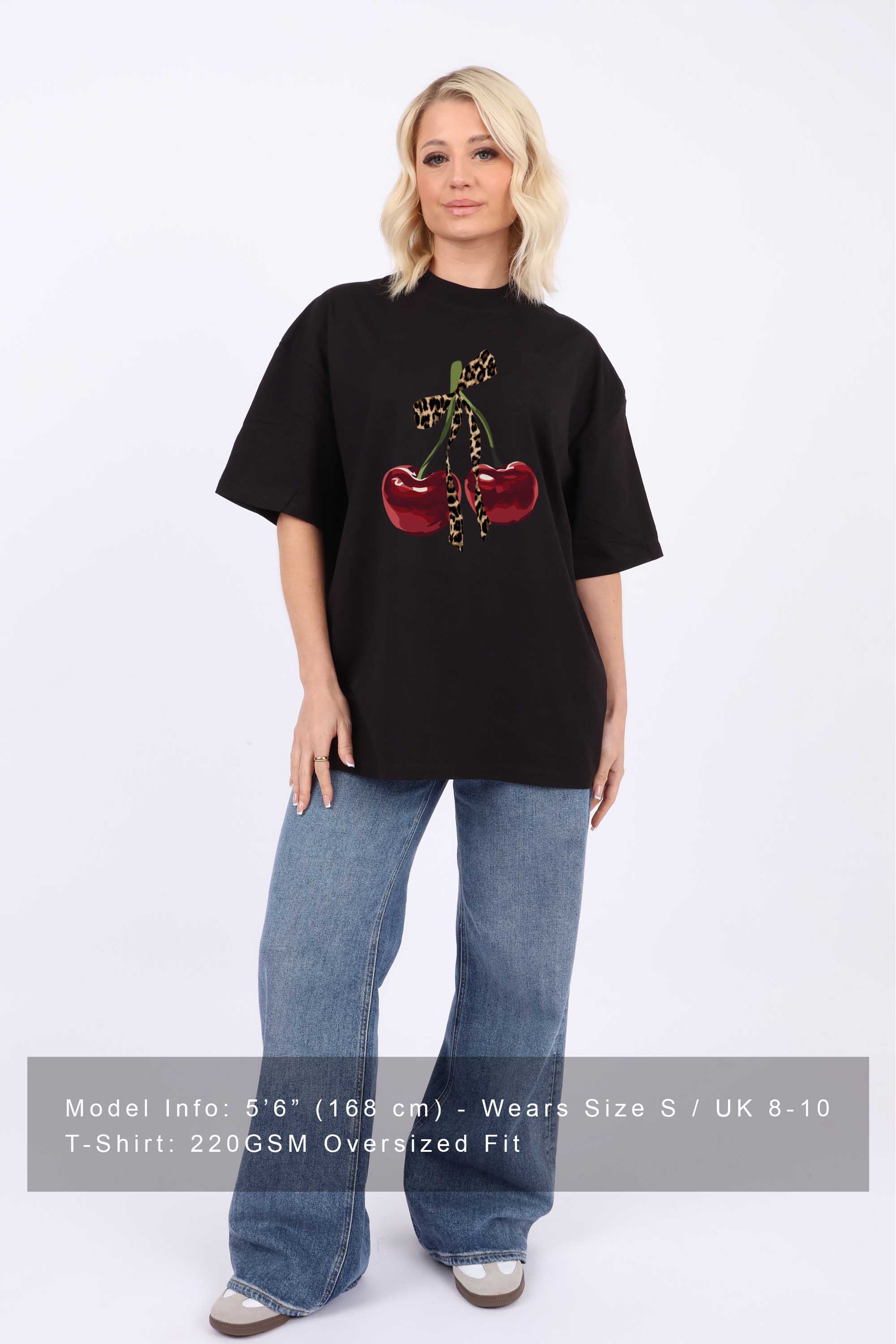 220GSM Oversized T-Shirt in Leopard Bow Cherry Print