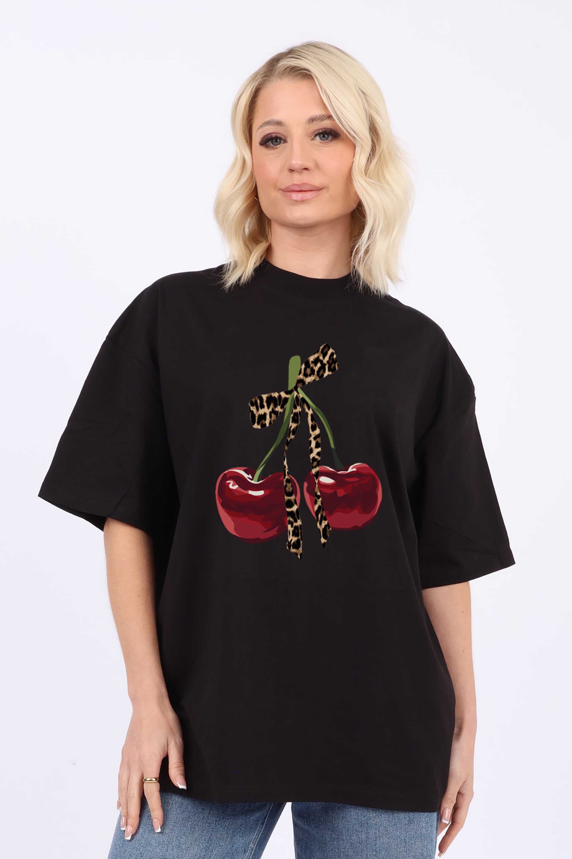 220GSM Oversized T-Shirt in Leopard Bow Cherry Print