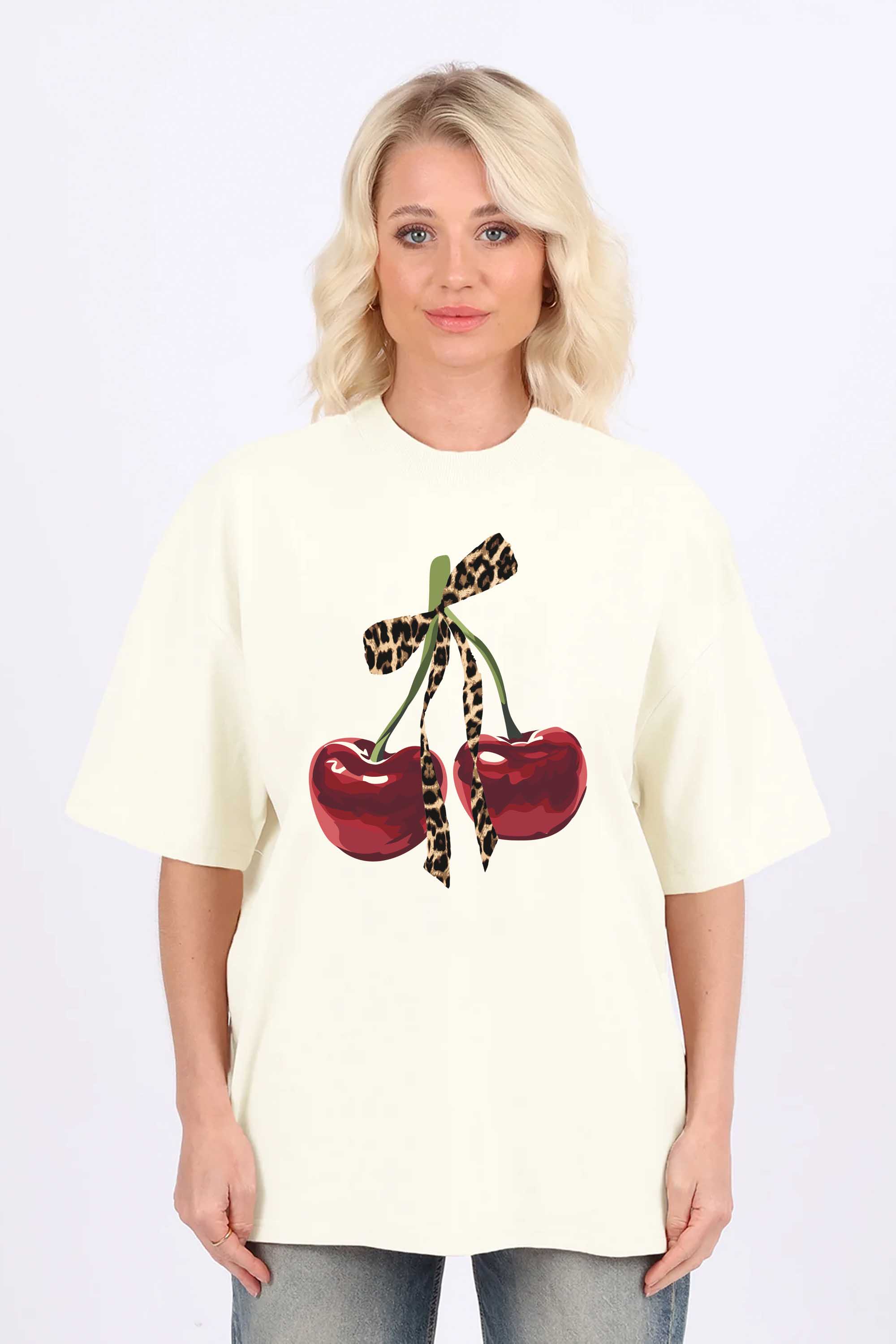 220GSM Oversized T-Shirt in Leopard Bow Cherry Print