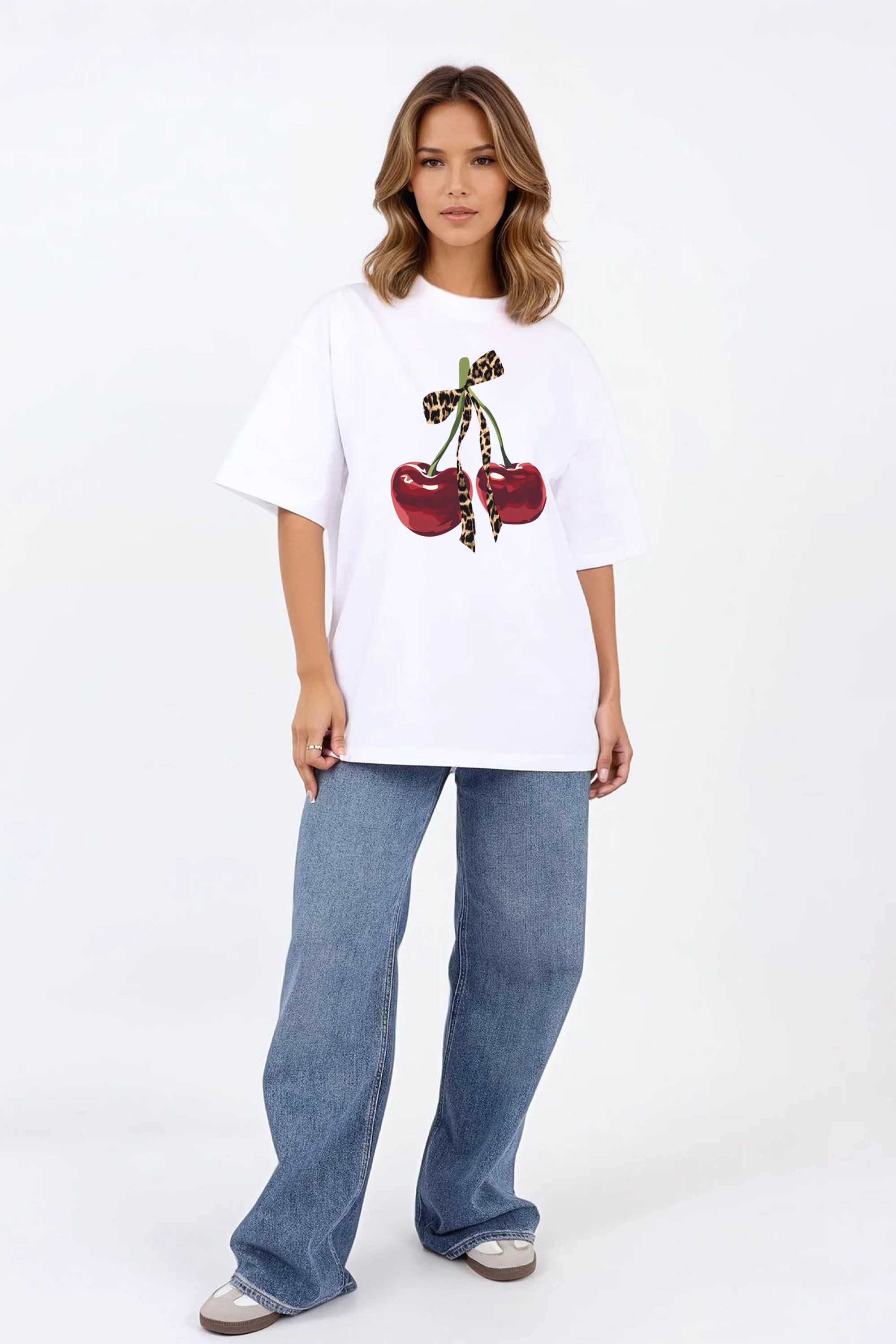 220GSM Oversized T-Shirt in Leopard Bow Cherry Print