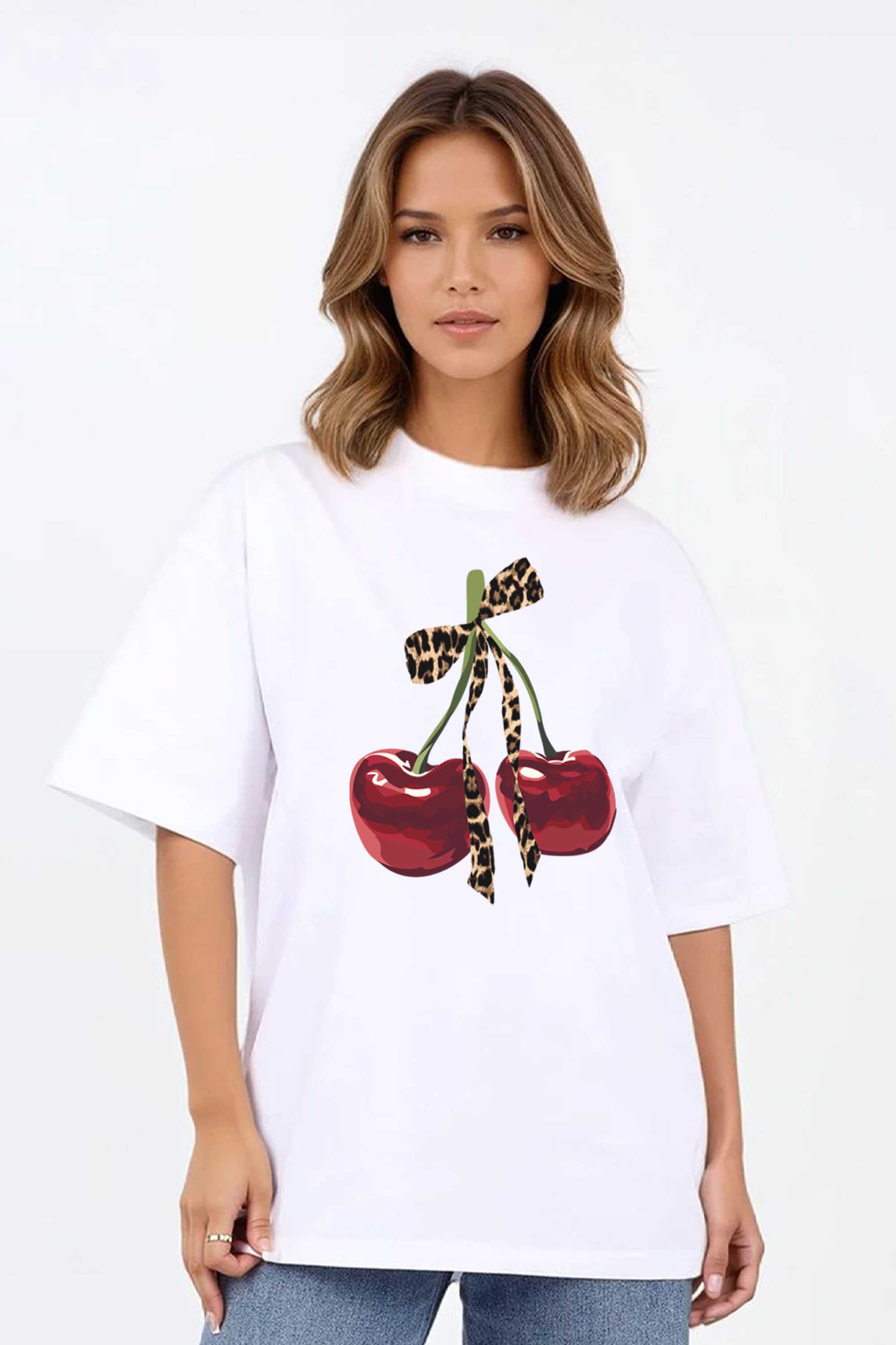 220GSM Oversized T-Shirt in Leopard Bow Cherry Print