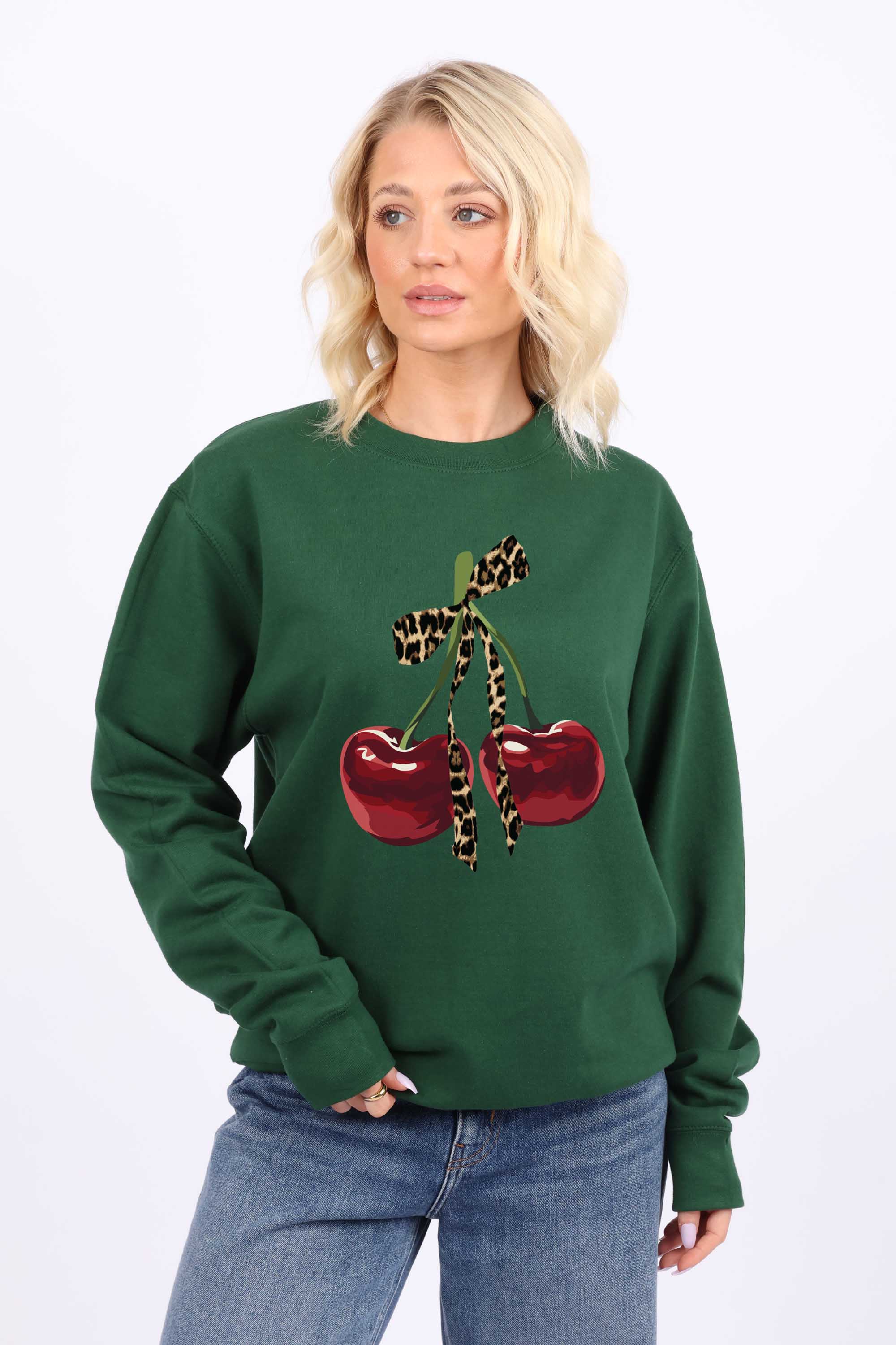 Leopard Bow Cherry Graphic Printed Sweatshirt