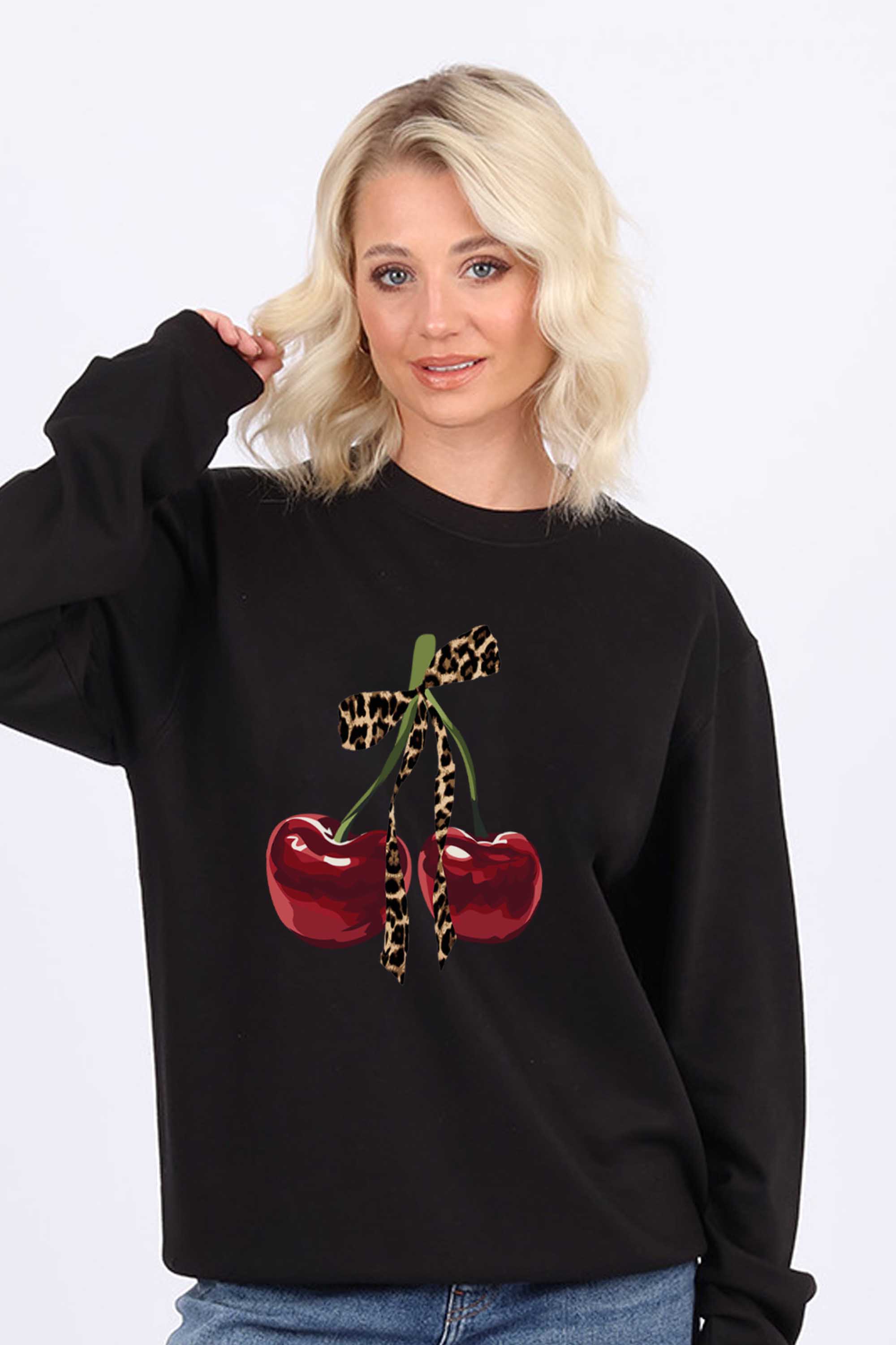 Leopard Bow Cherry Graphic Printed Sweatshirt