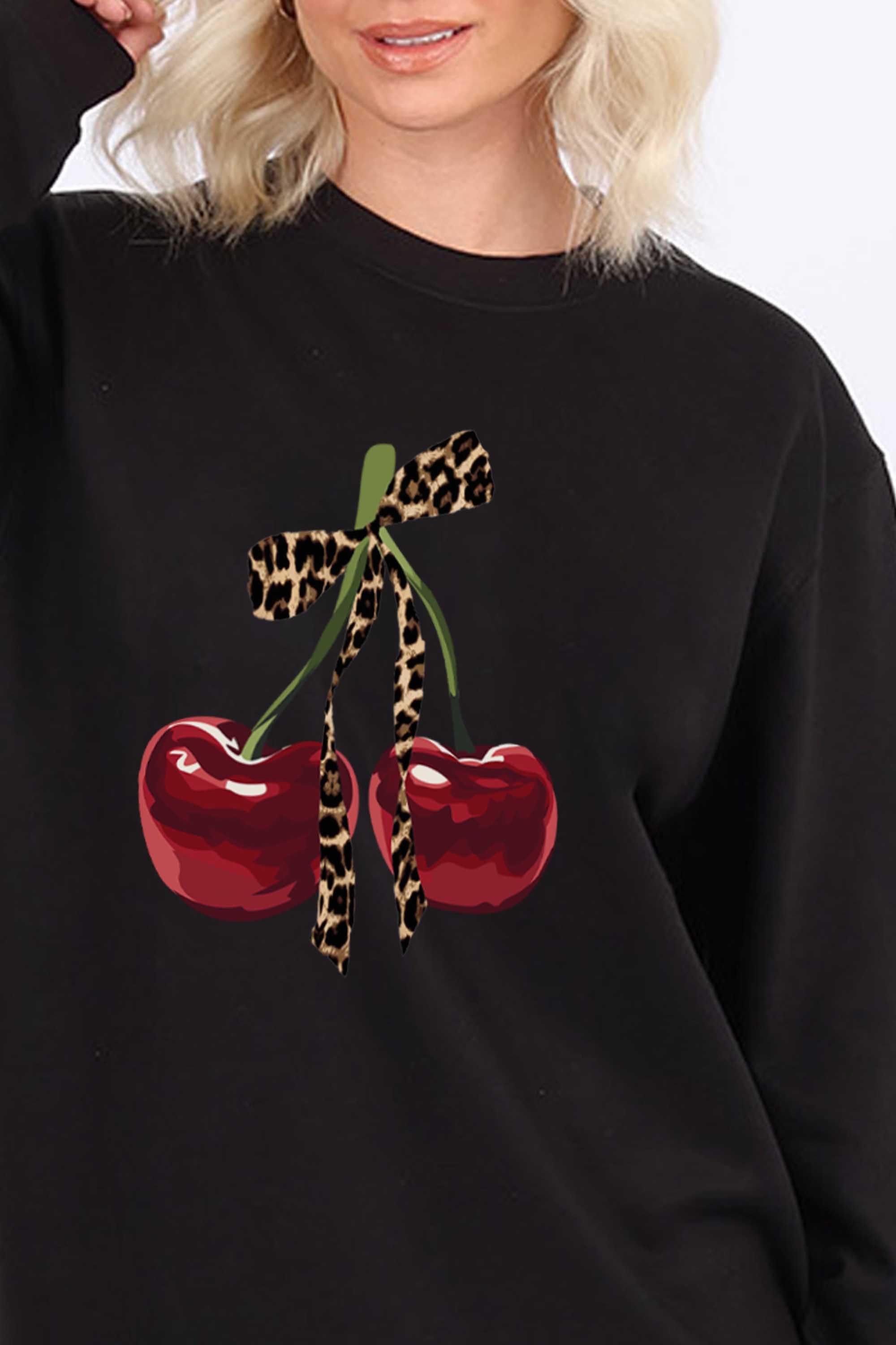 Leopard Bow Cherry Graphic Printed Sweatshirt