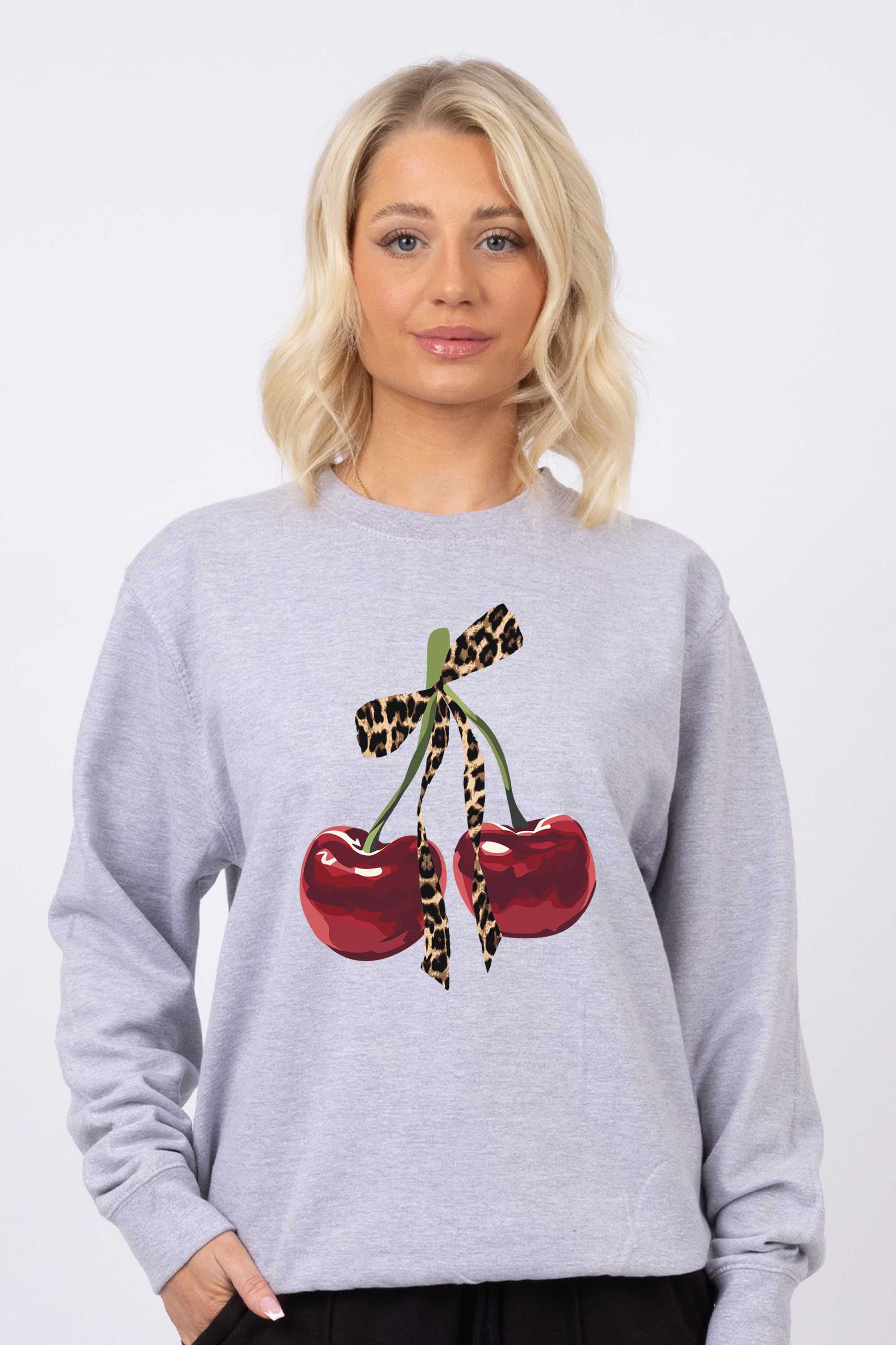 Leopard Bow Cherry Graphic Printed Sweatshirt