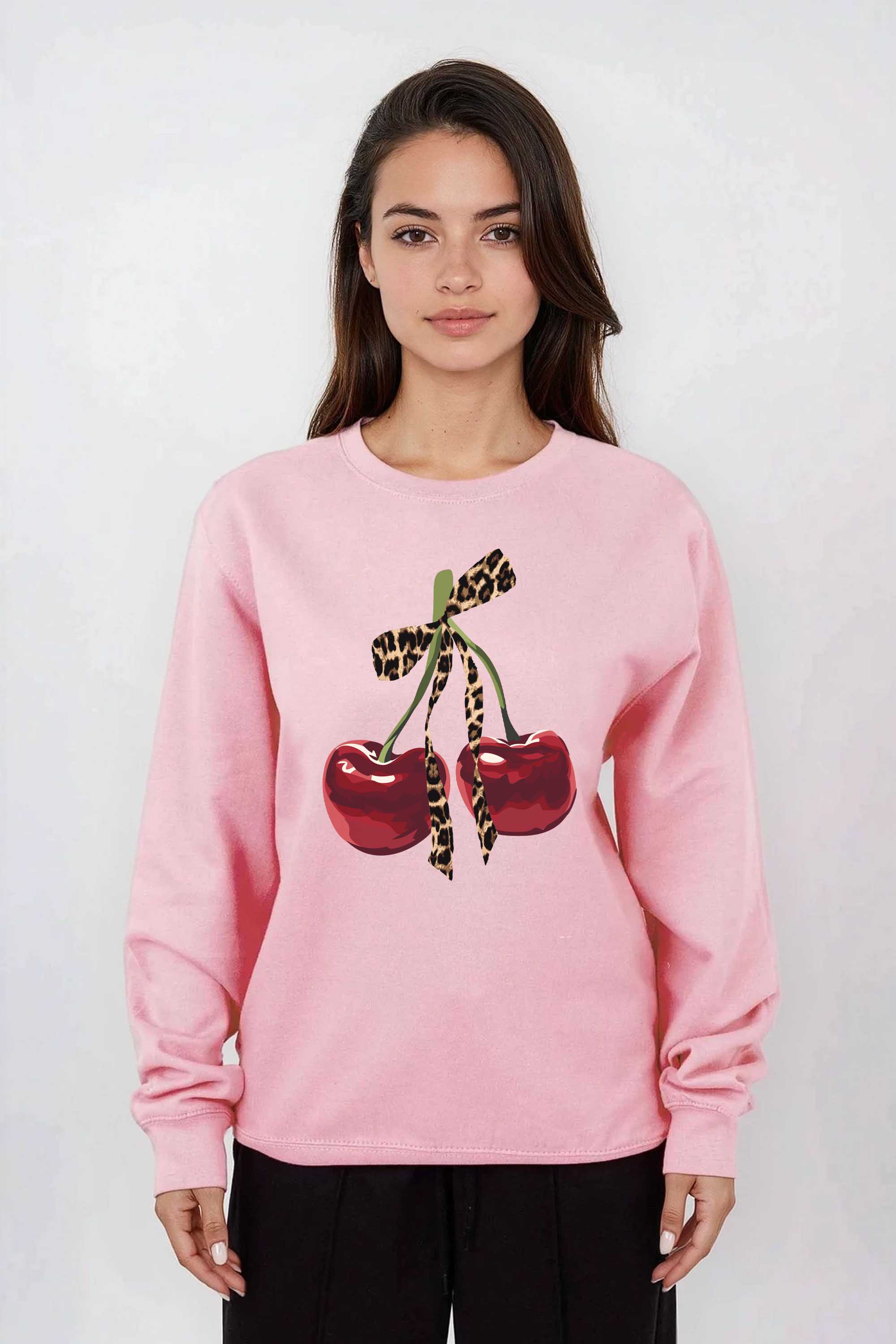 Leopard Bow Cherry Graphic Printed Sweatshirt