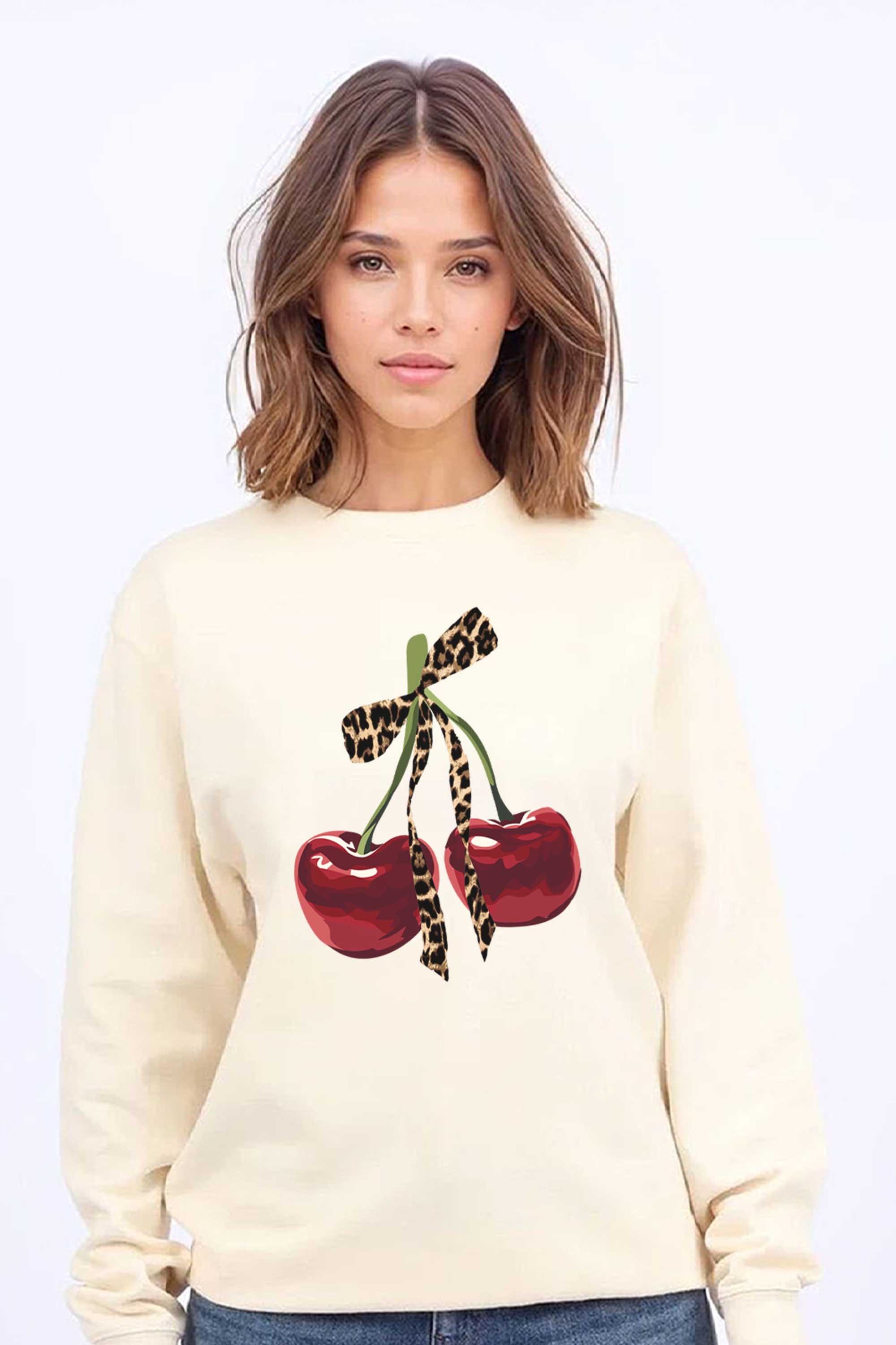 Leopard Bow Cherry Graphic Printed Sweatshirt