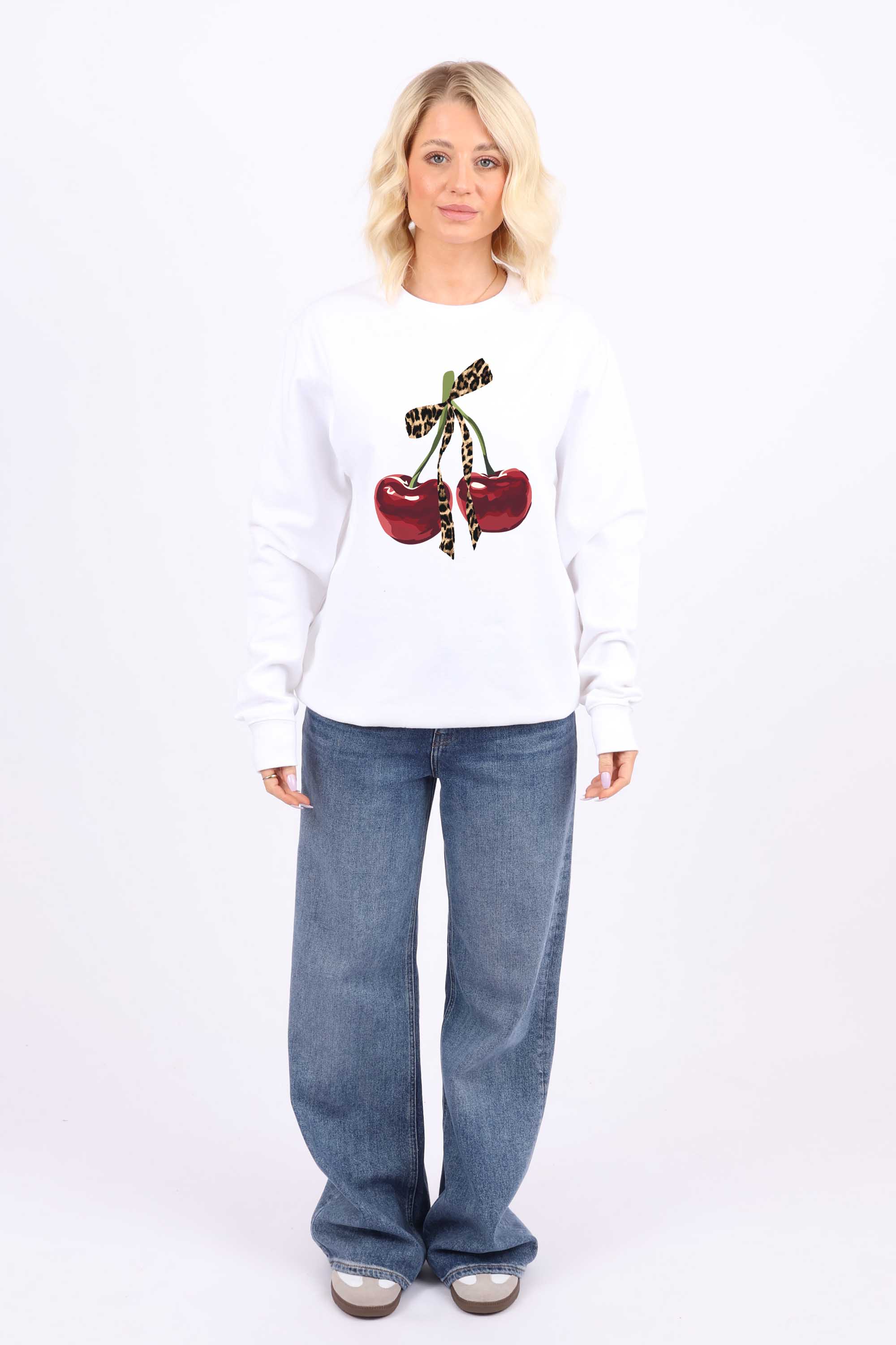 Leopard Bow Cherry Graphic Printed Sweatshirt