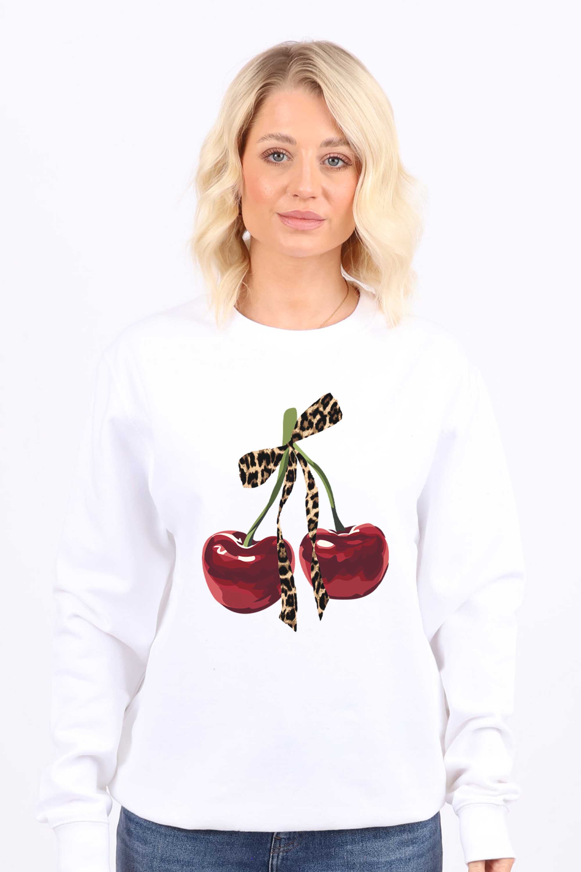 Leopard Bow Cherry Graphic Printed Sweatshirt