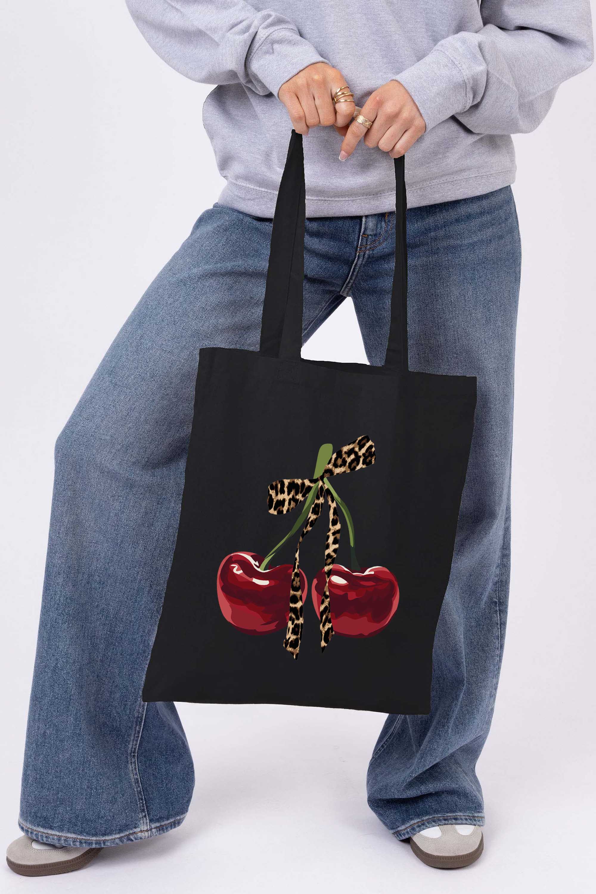 Leopard Bow Cherry Graphic Printed Cotton Tote Bag