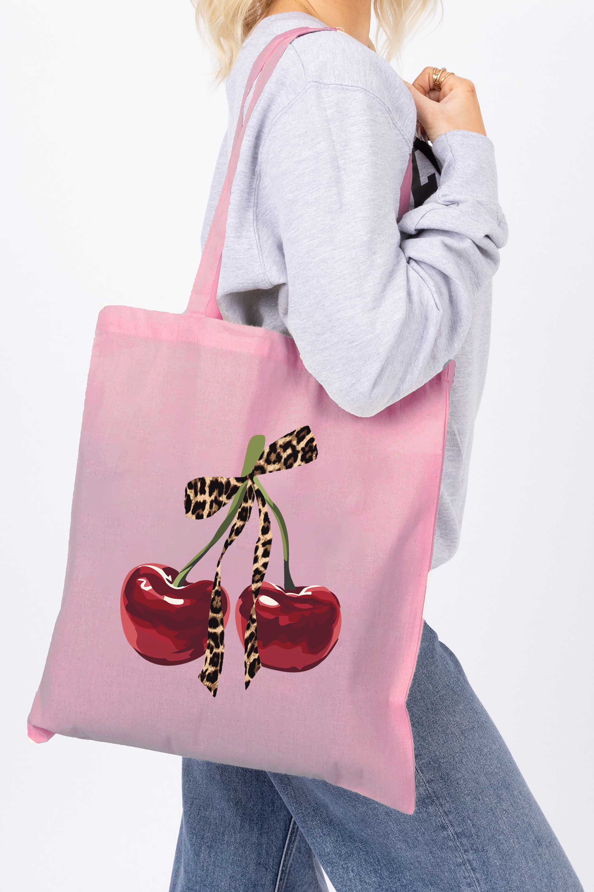 Leopard Bow Cherry Graphic Printed Cotton Tote Bag