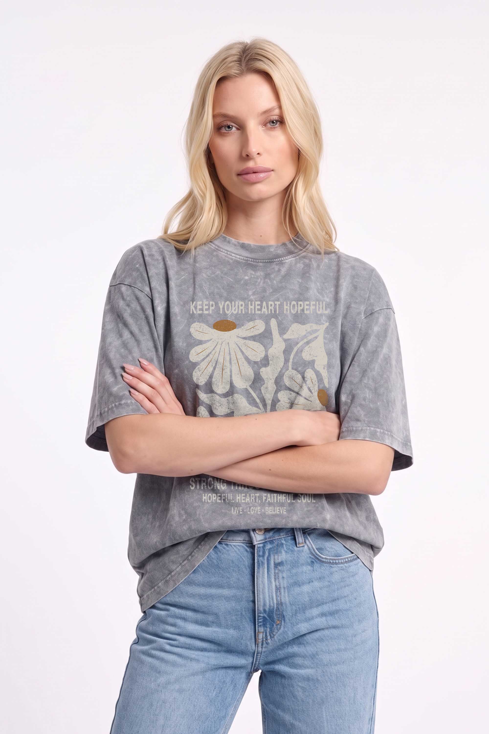 Premium 220GSM Acid-Wash Boxy Oversized T-shirt in Hopeful Floral Print