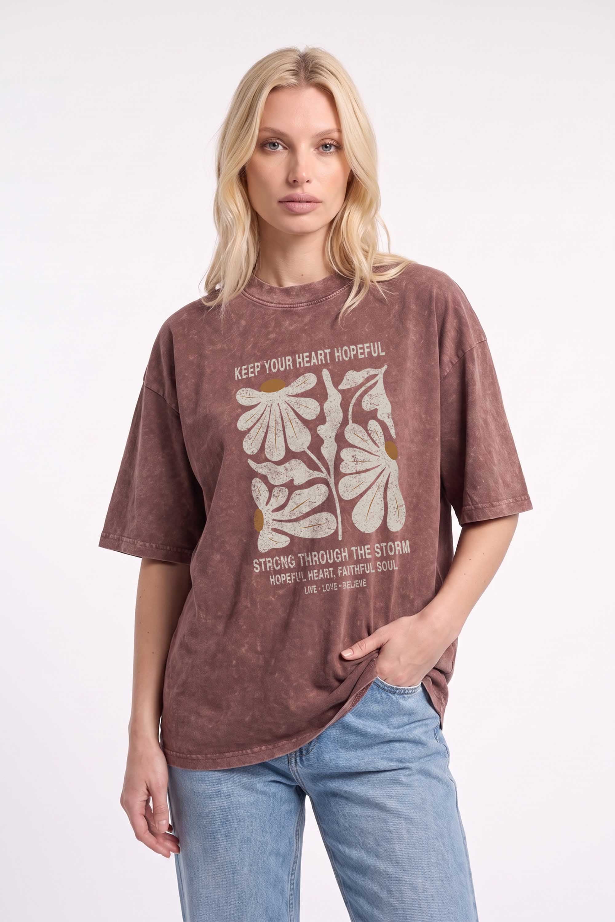 Premium 220GSM Acid-Wash Boxy Oversized T-shirt in Hopeful Floral Print