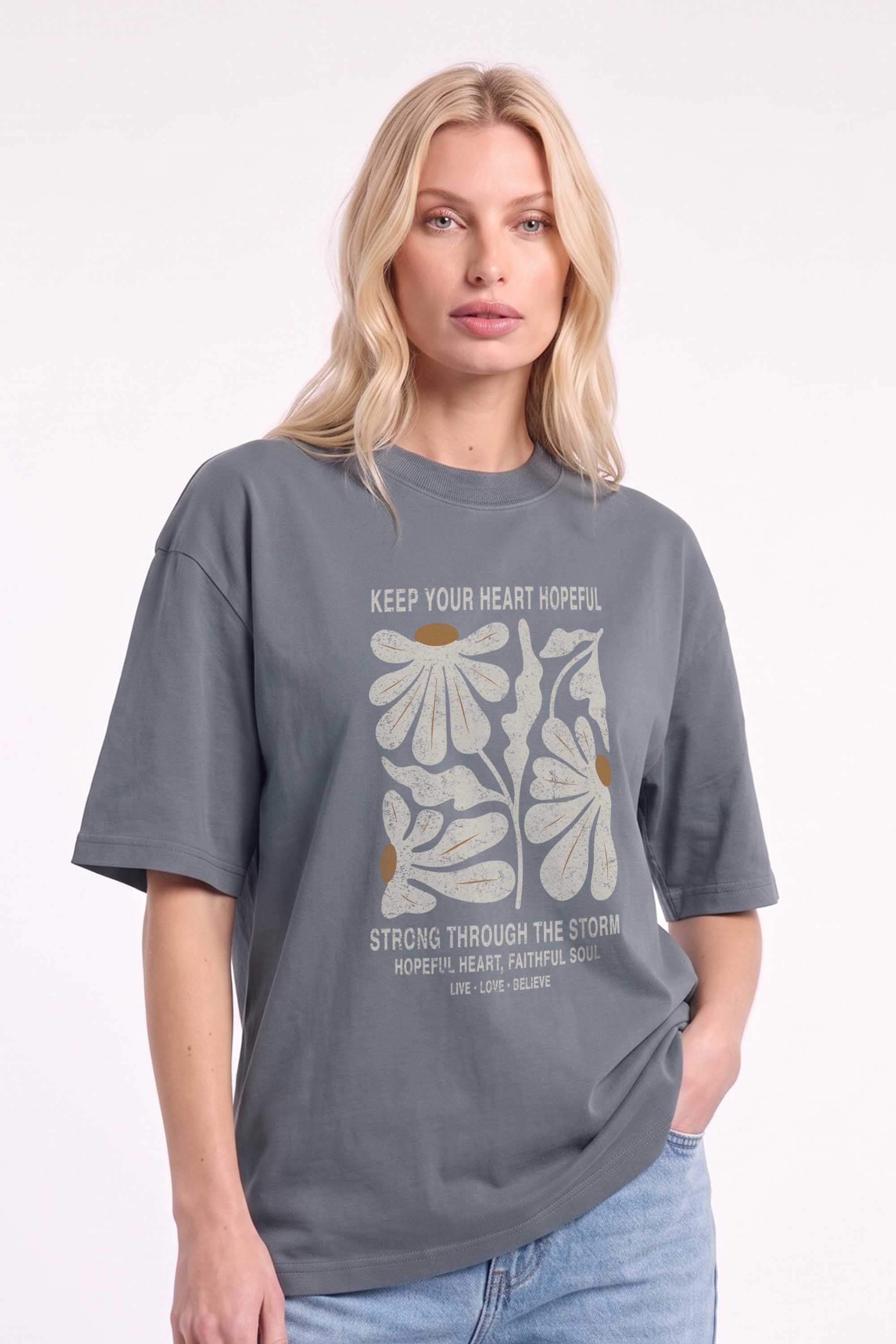 Premium 220GSM Acid-Wash Boxy Oversized T-shirt in Hopeful Floral Print