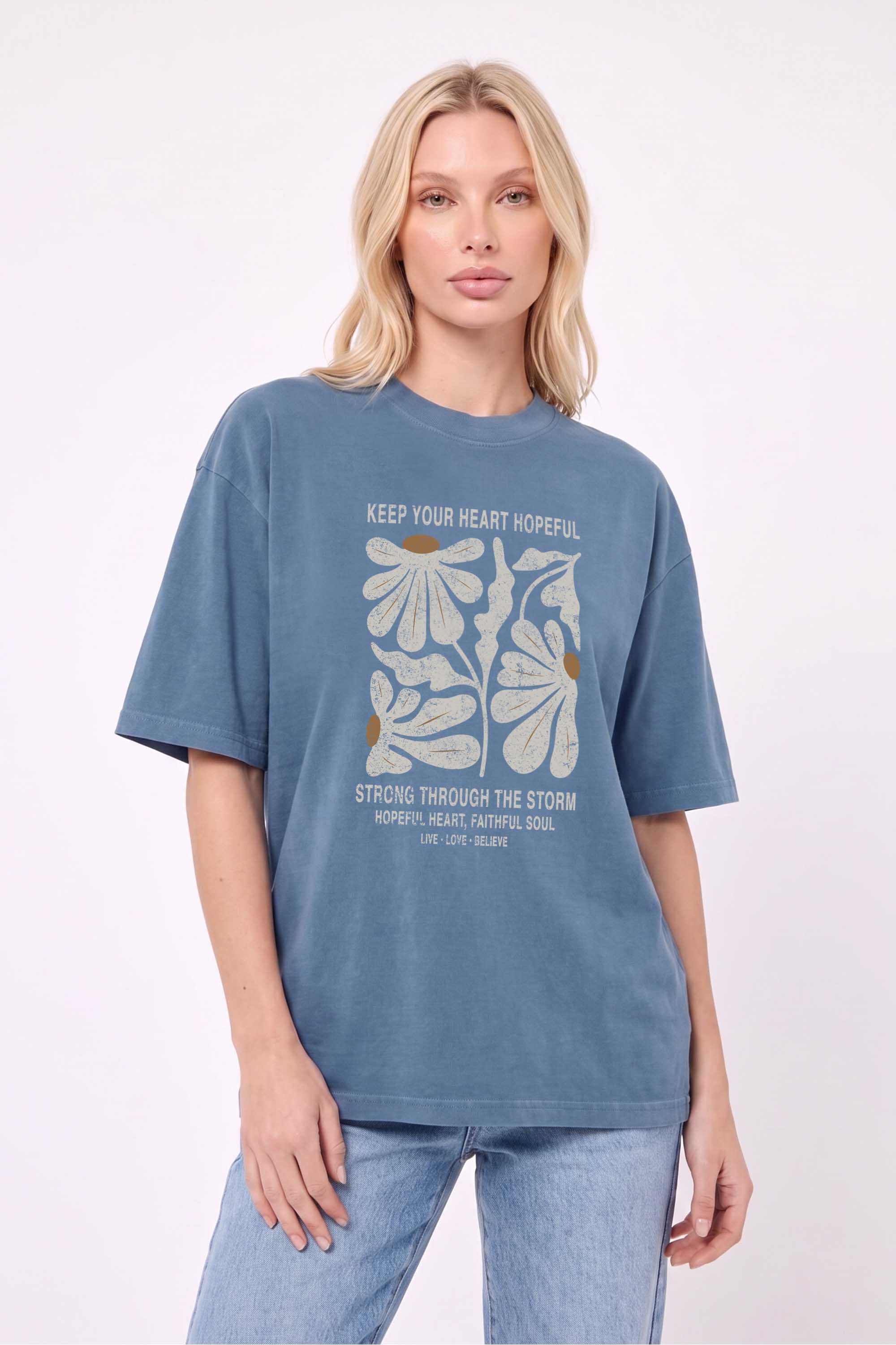 Premium 220GSM Acid-Wash Boxy Oversized T-shirt in Hopeful Floral Print