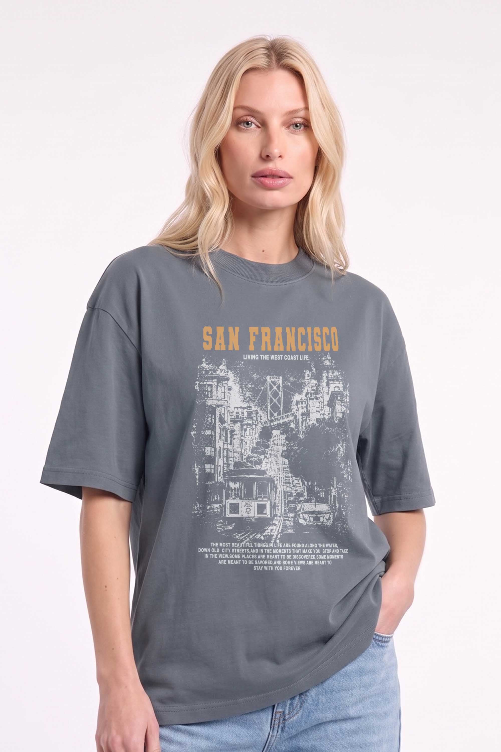 Premium 220GSM Acid-Wash Boxy Oversized T-shirt in San Francisco Print