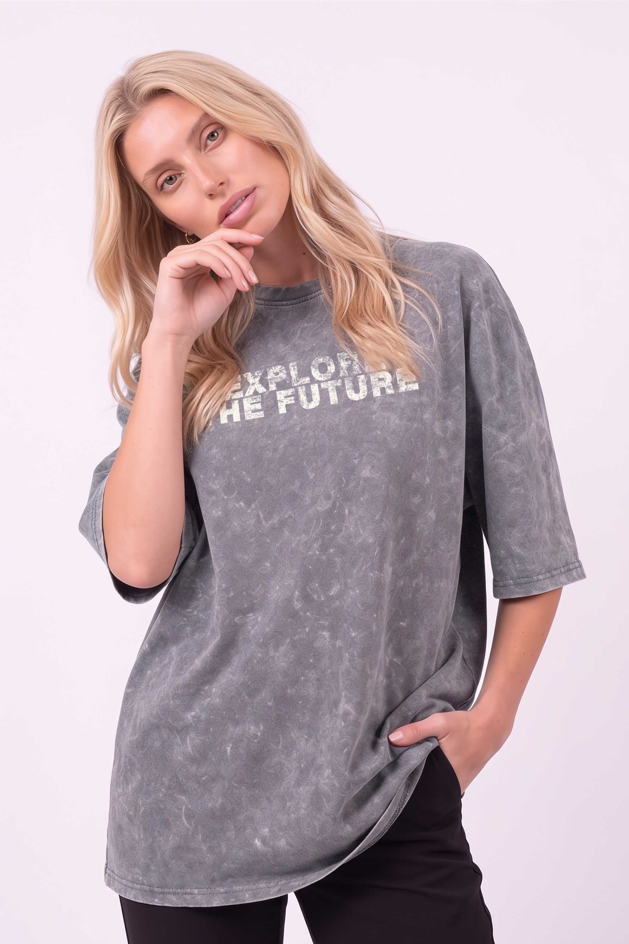 Core Combed 180 GSM Acid-Wash Oversized T-shirt in Explore The Future Print