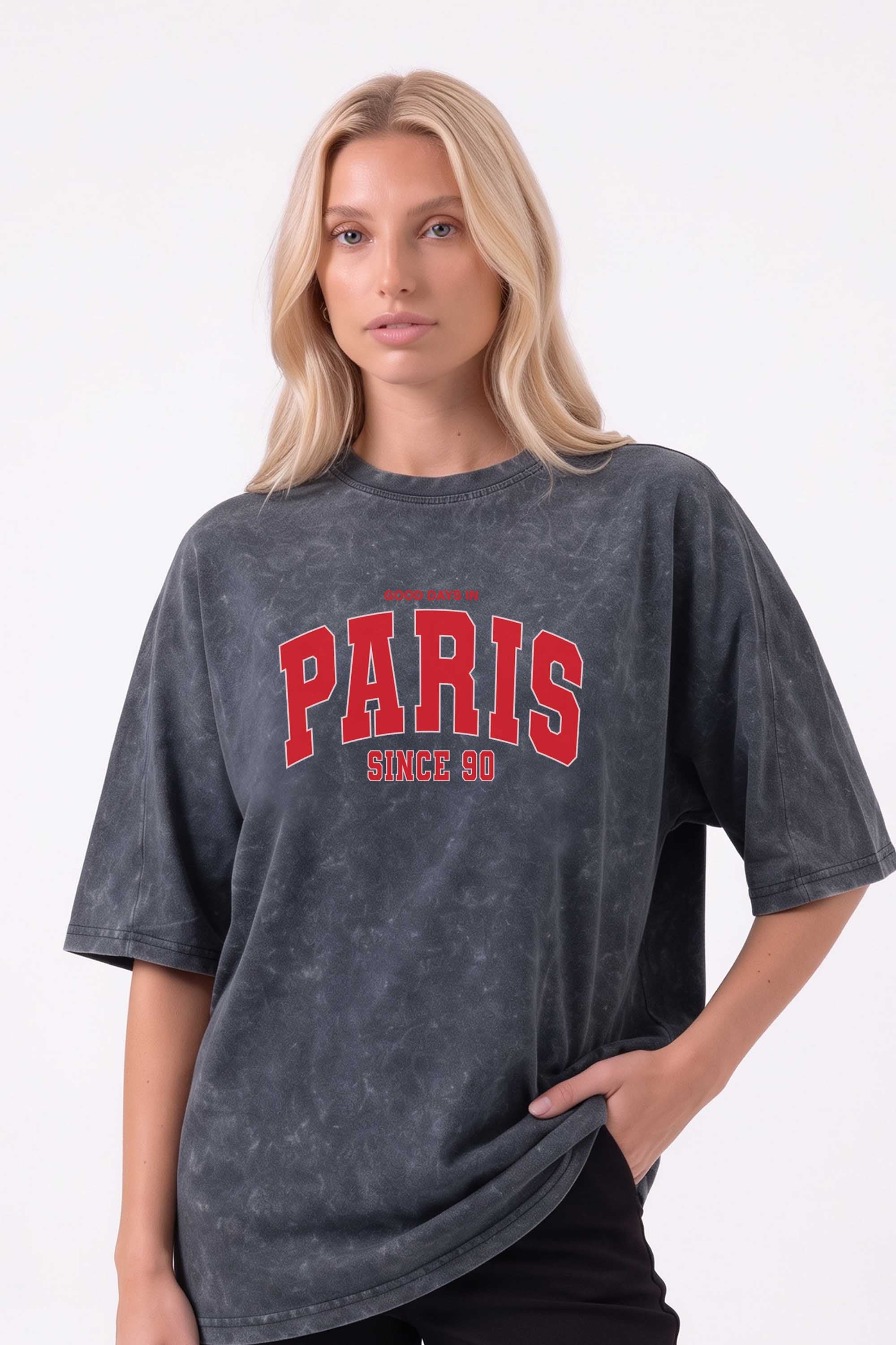 Core Combed 180 GSM Acid-Wash Oversized T-shirt in Paris Print