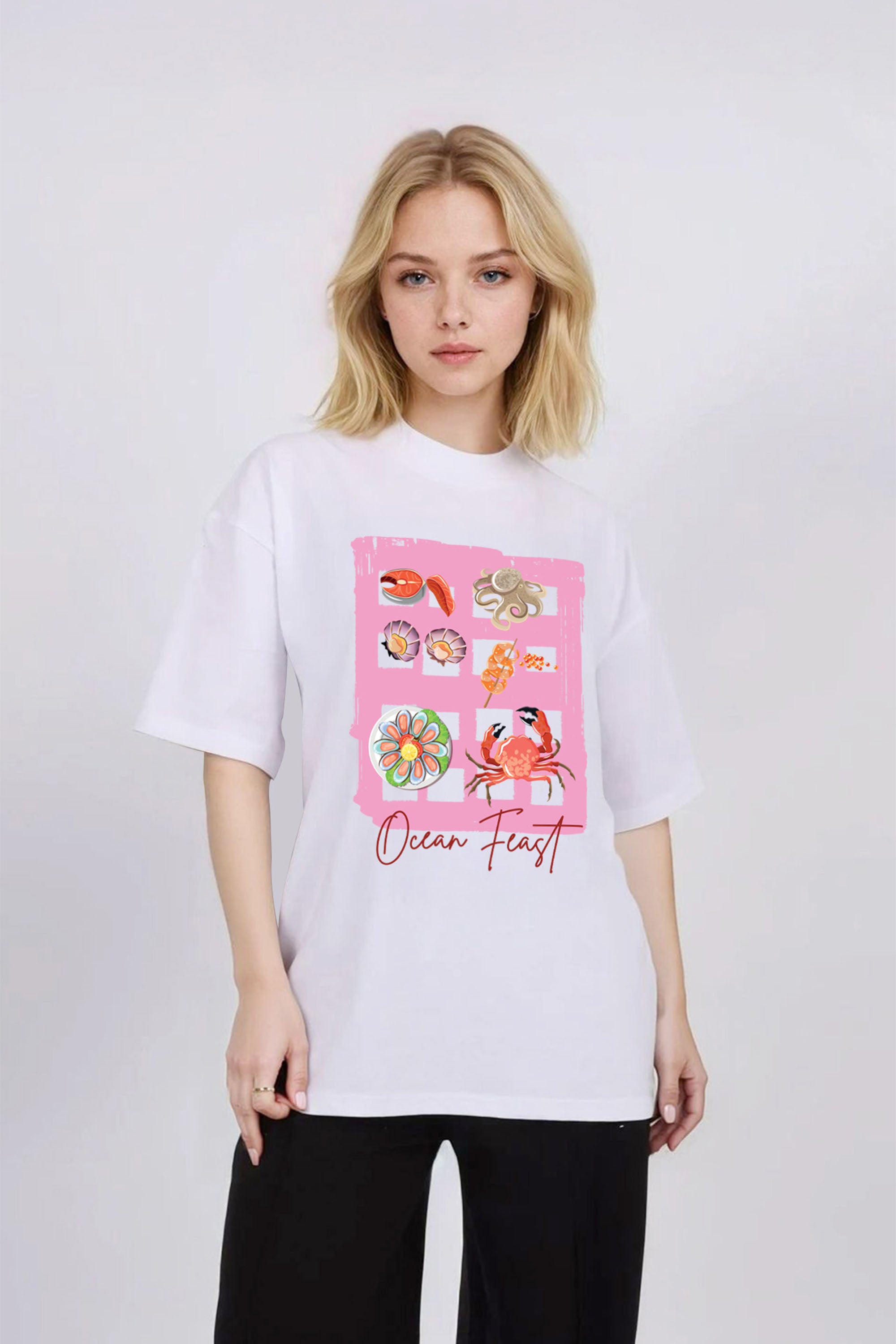 Oversized T-Shirt In Ocean Feast Seafood Print (Custom Pack)