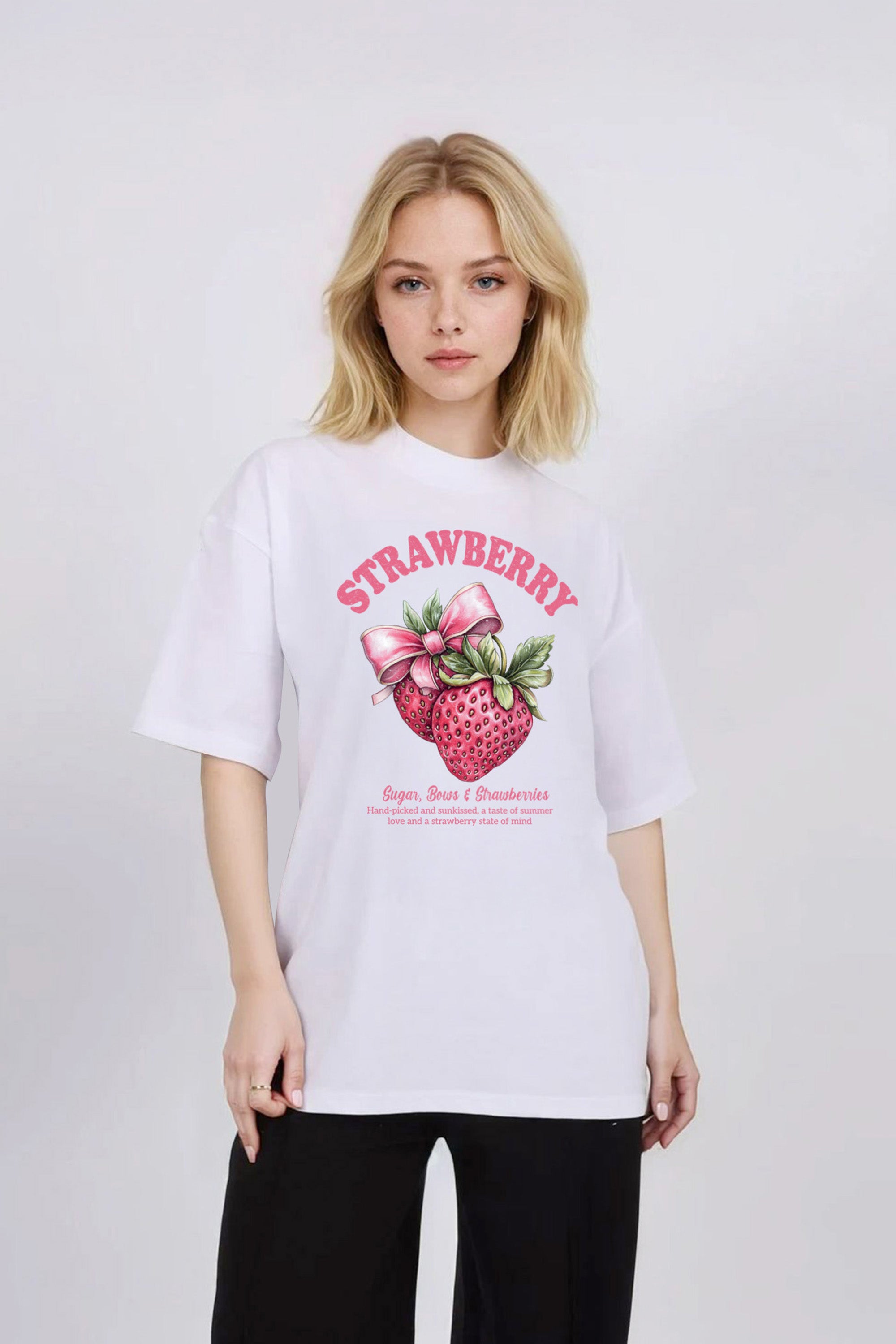 Oversized T-Shirt In Strawberries Bow Print (Custom Pack)