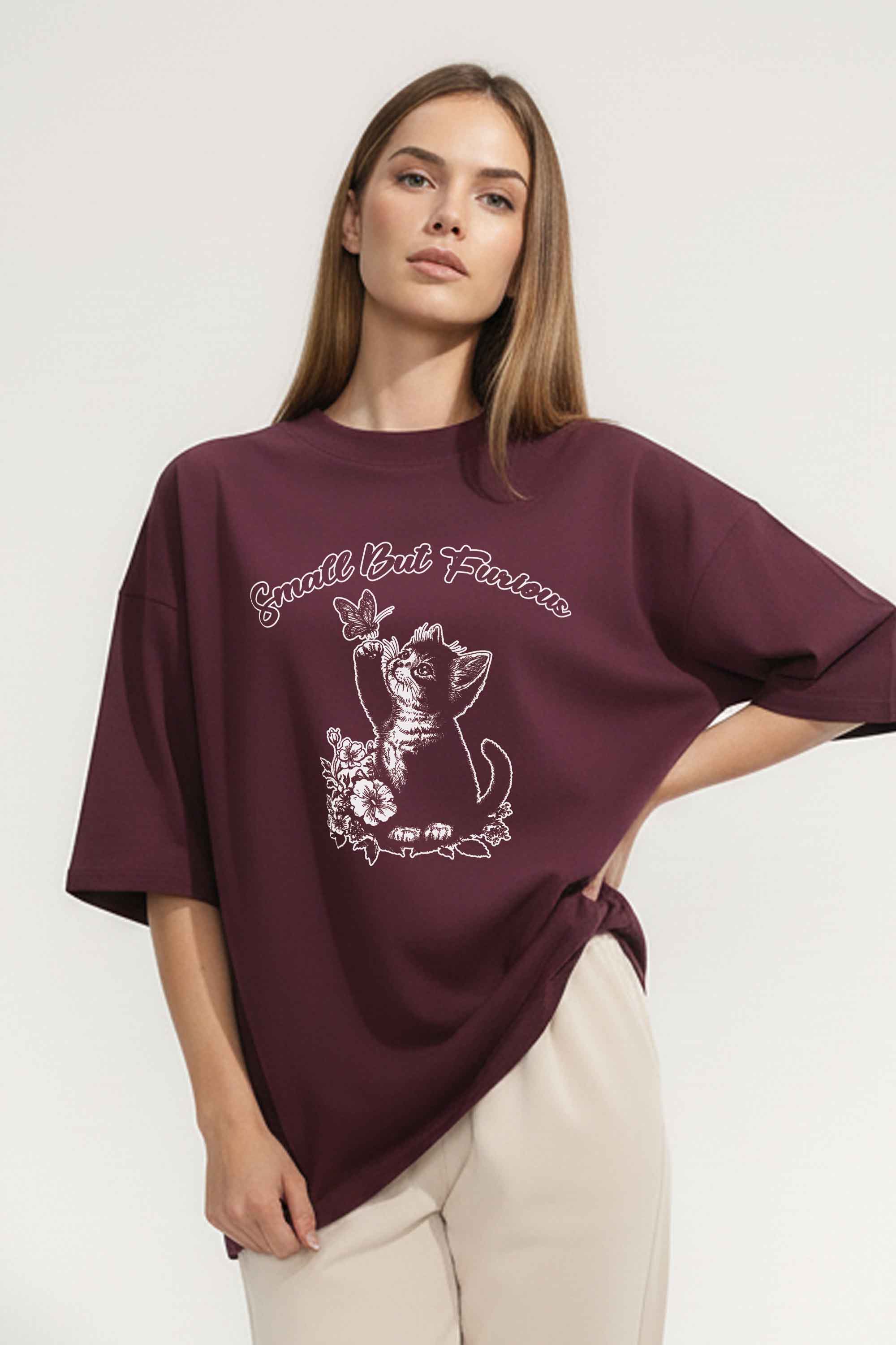 220GSM Oversized T-Shirt in Small But Furious Cat Print