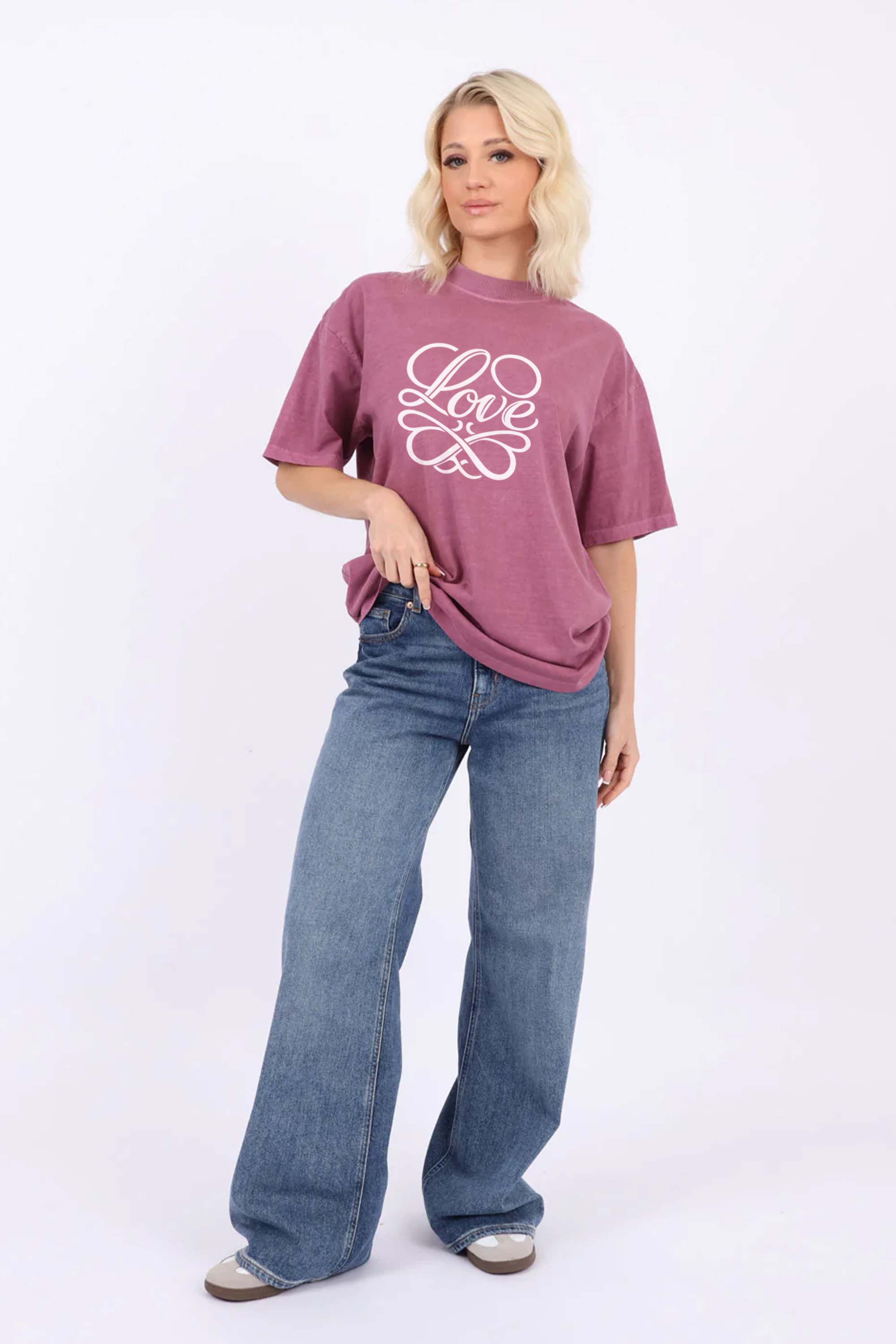 220GSM Oversized Acid Washed T-Shirt In Love Print