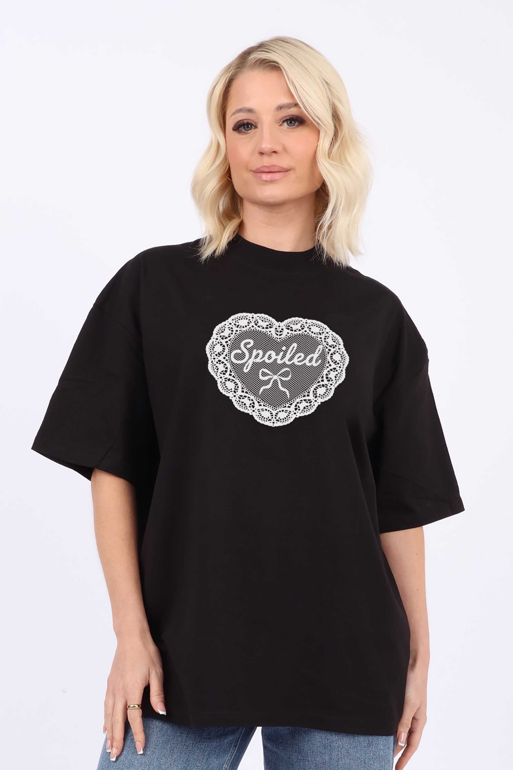 220GSM Oversized T-Shirt in Spoiled Lace Heart Print
