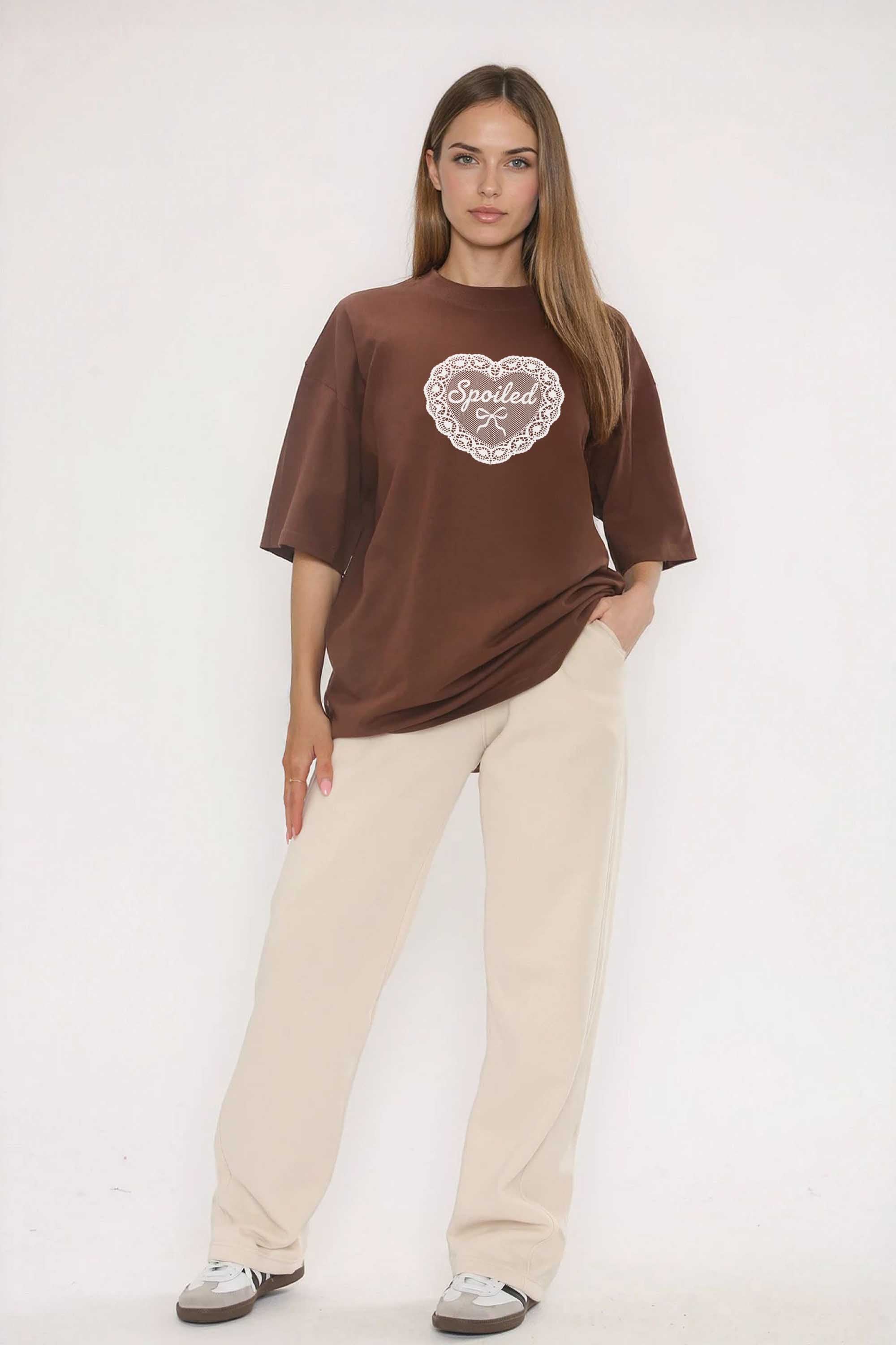 220GSM Oversized T-Shirt in Spoiled Lace Heart Print