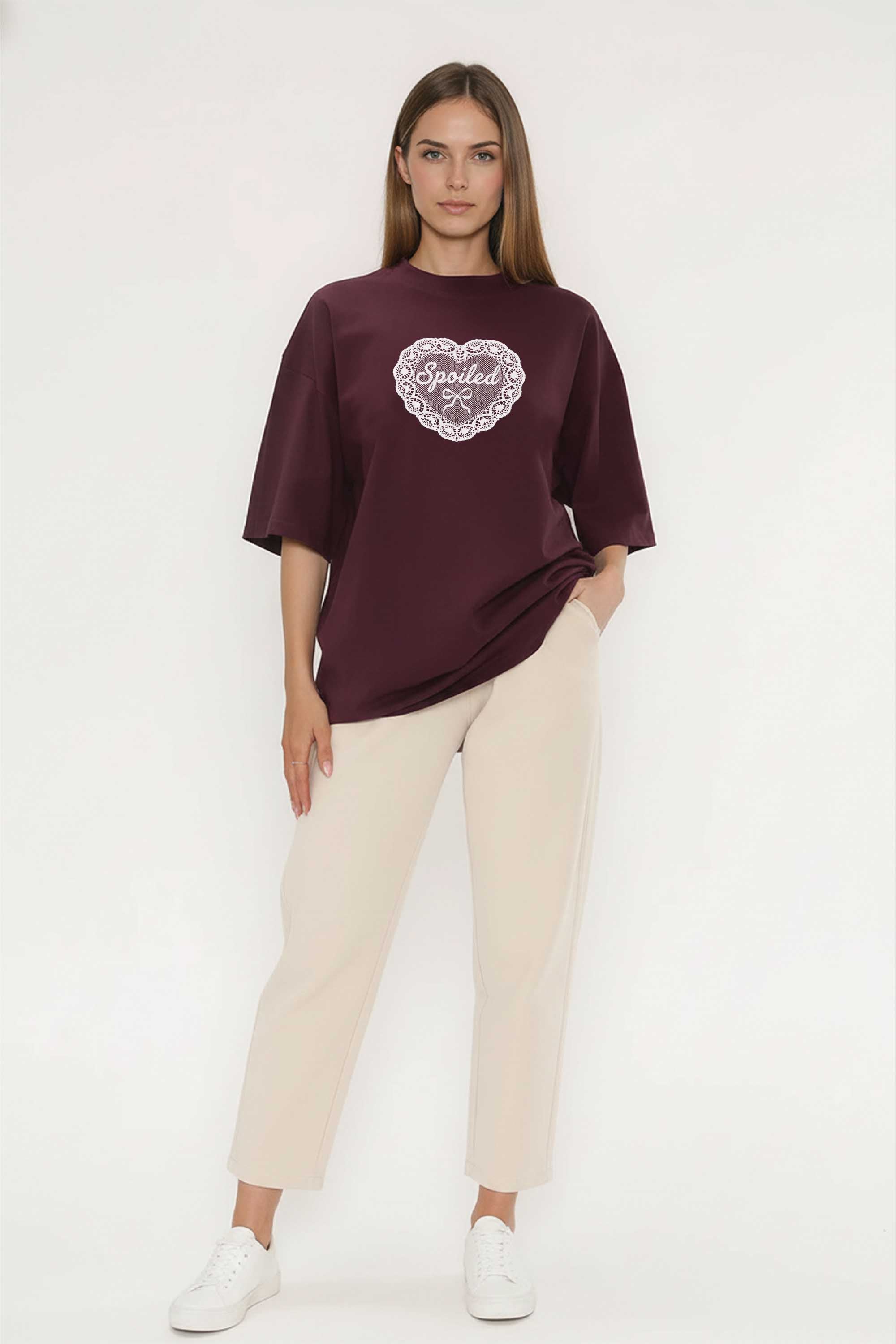 220GSM Oversized T-Shirt in Spoiled Lace Heart Print