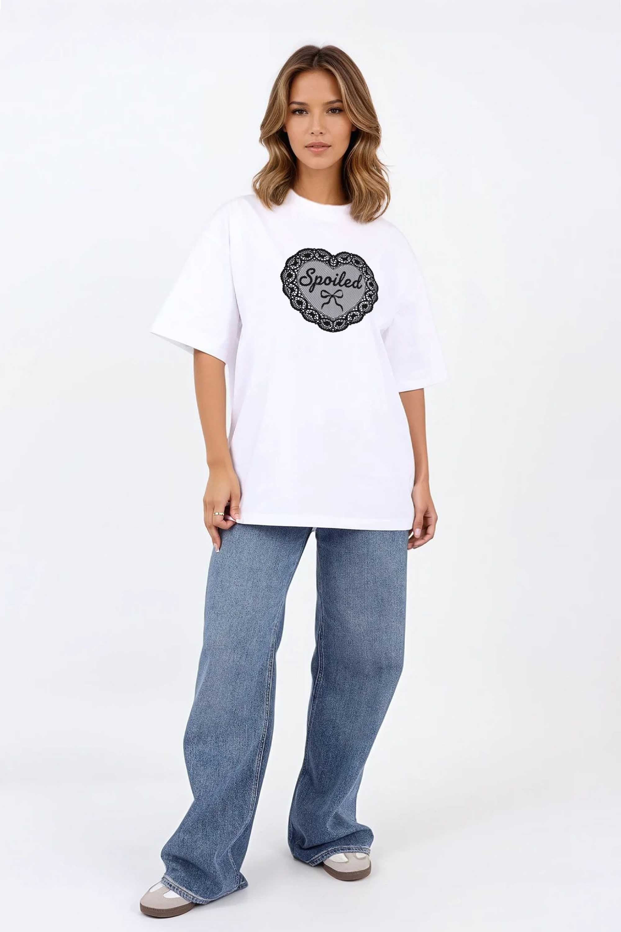 220GSM Oversized T-Shirt in Spoiled Lace Heart Print
