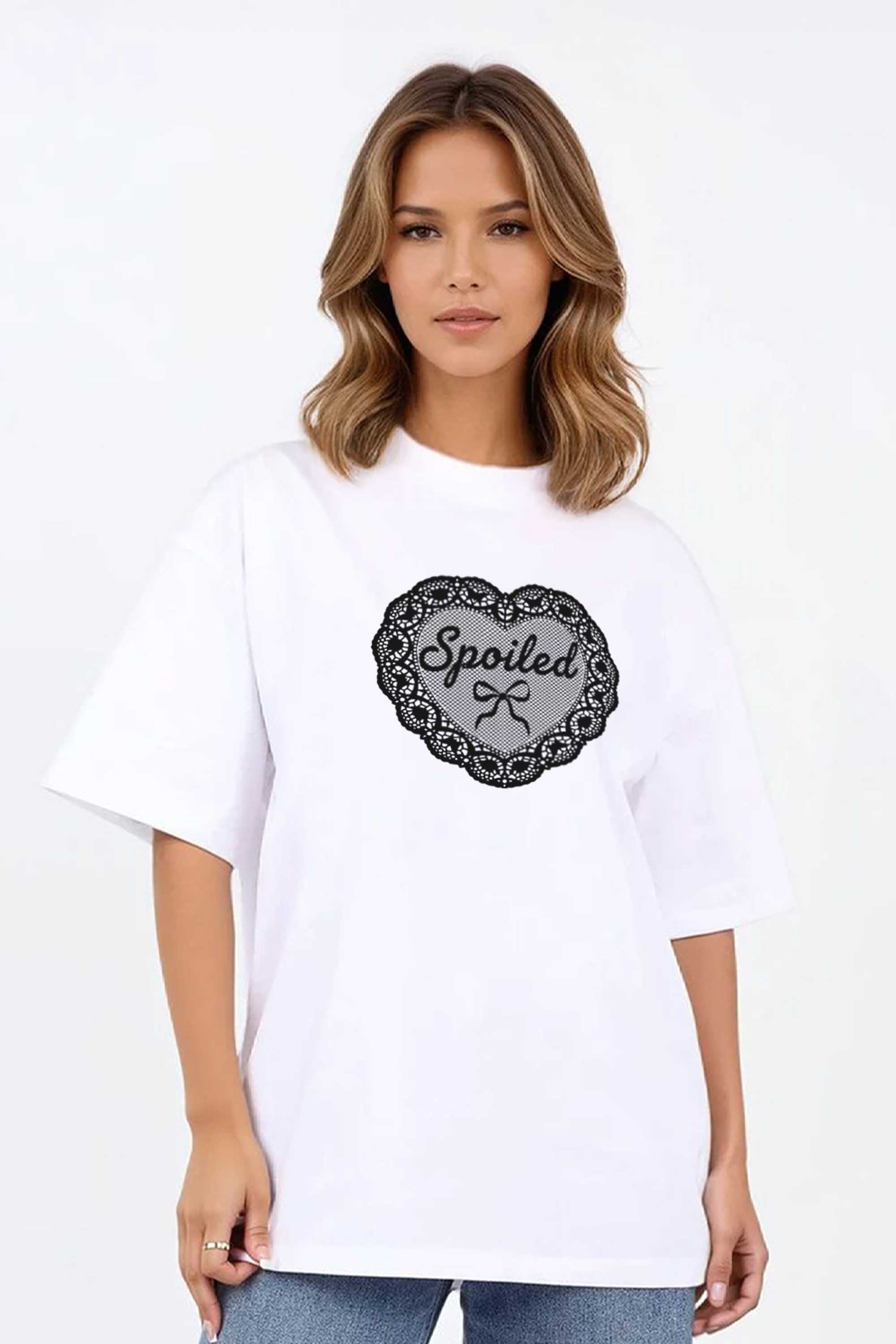 220GSM Oversized T-Shirt in Spoiled Lace Heart Print