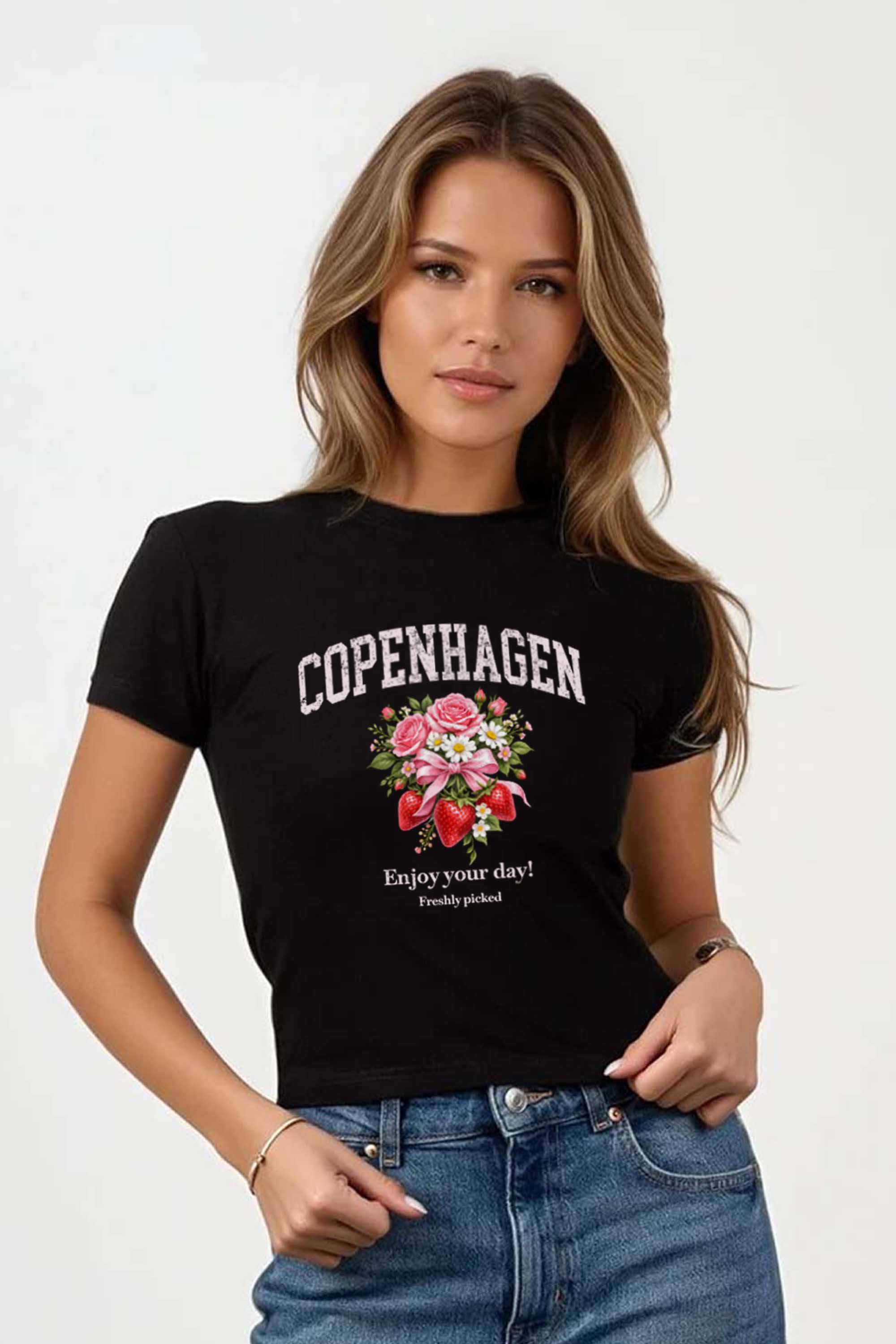 220GSM Copenhagen Strawberry Floral Printed Baby Tee