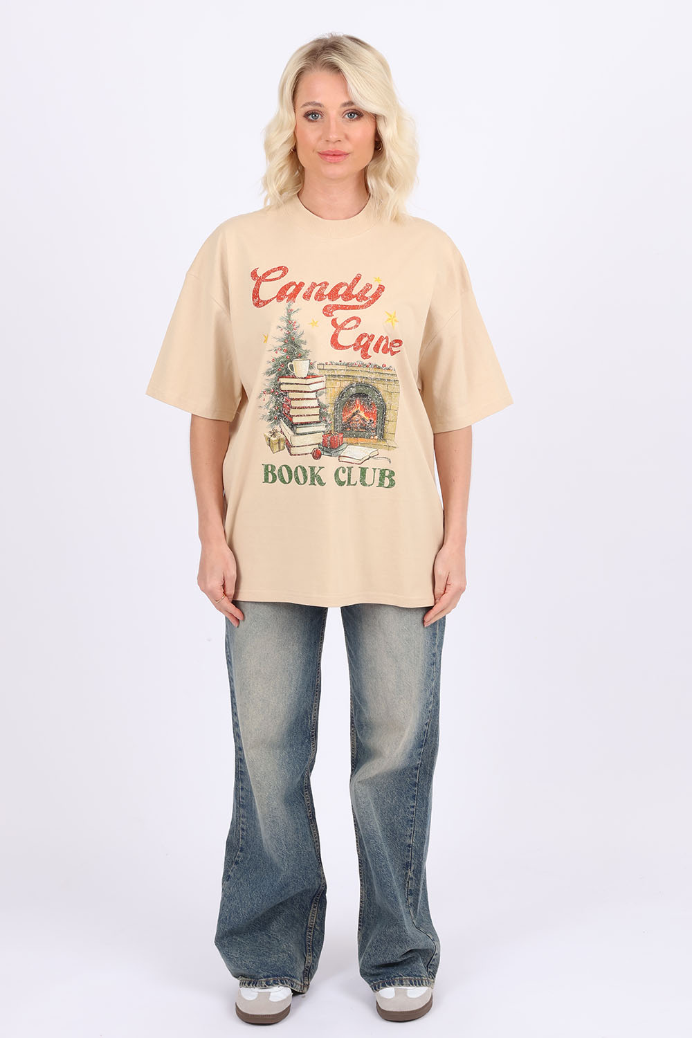 220GSM Oversize T-Shirt In Candy Cane Book Club Print